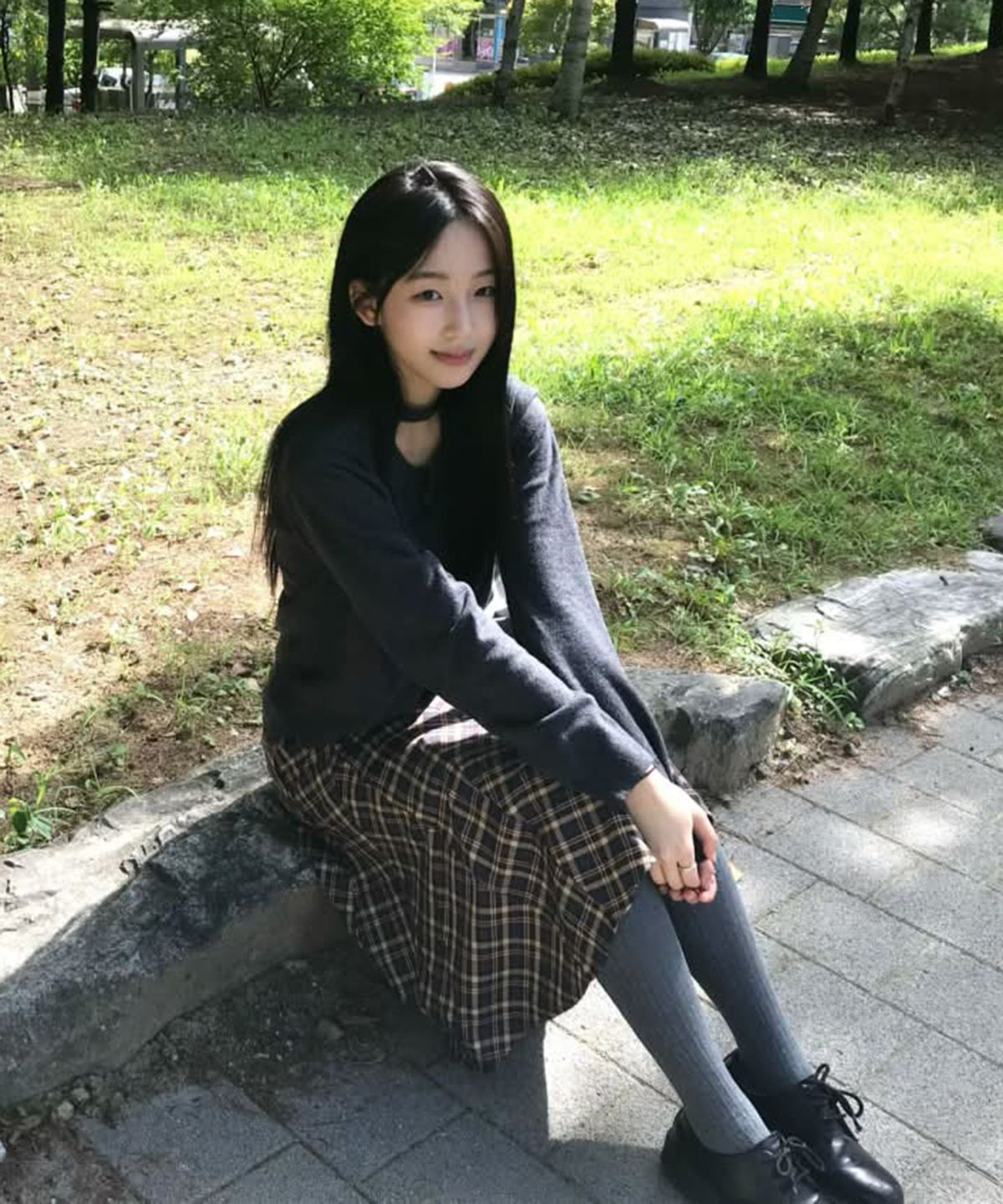 론론(RONRON) CHECK FLARE BANDING MIDI SKIRT BROWN