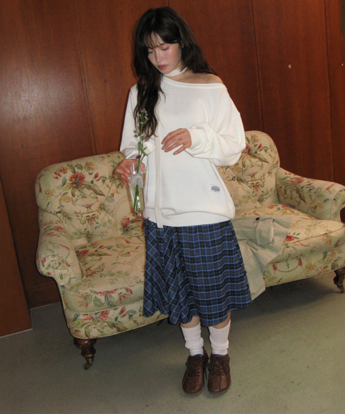 론론(RONRON) CHECK FLARE BANDING MIDI SKIRT BLUE