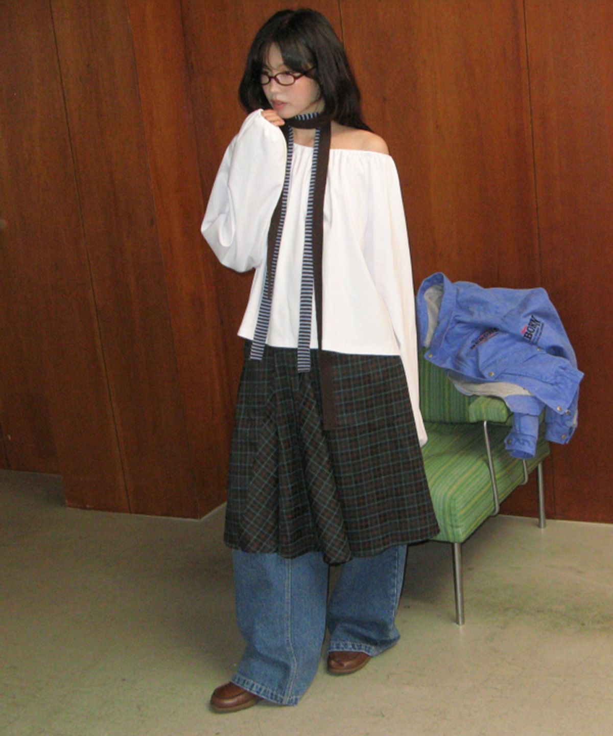 론론(RONRON) CHECK FLARE BANDING MIDI SKIRT GREEN