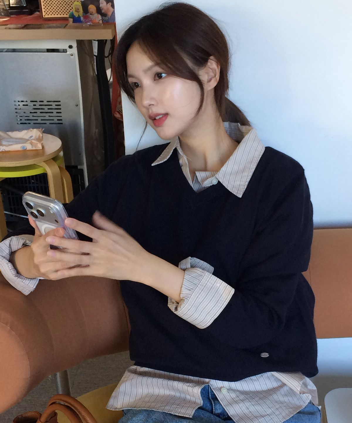 마인드브릿지 우먼(MIND BRIDGE WOMEN) [W]베이지 핀 스트라이프 랩 셔츠