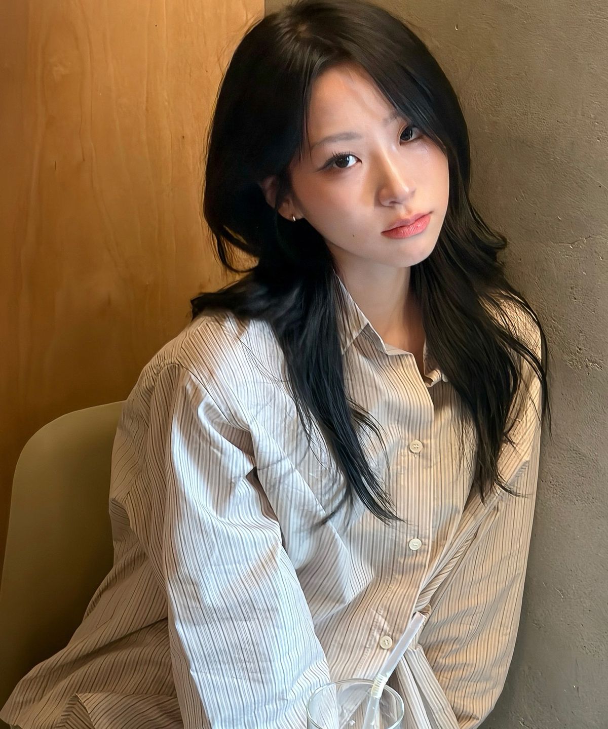 마인드브릿지 우먼(MIND BRIDGE WOMEN) [W]베이지 핀 스트라이프 랩 셔츠