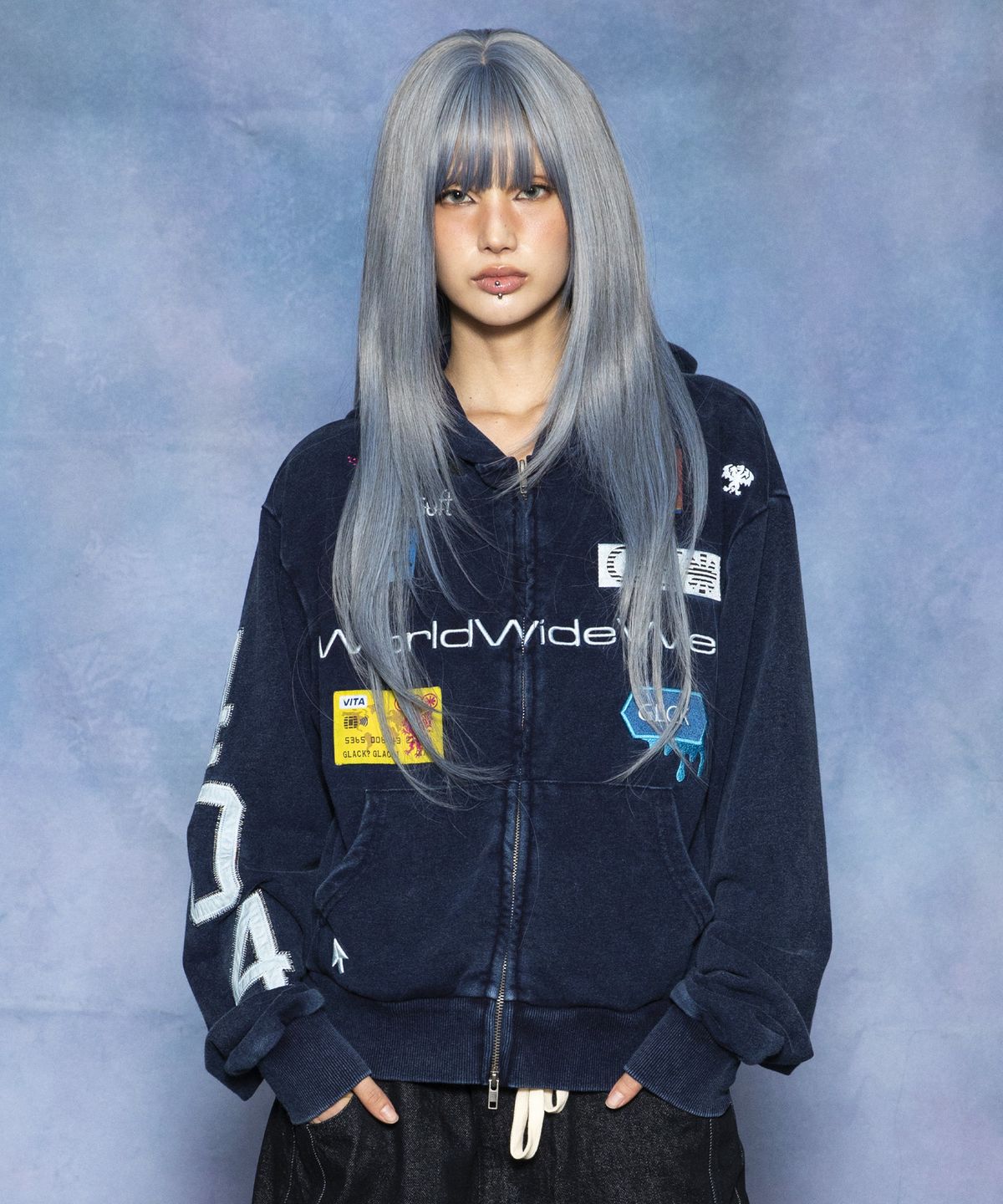 글랙(GLACK) GHD050 GLK 스폰서드 404 아플리케 레귤러핏 워시드 후드 집업 (NAVY)