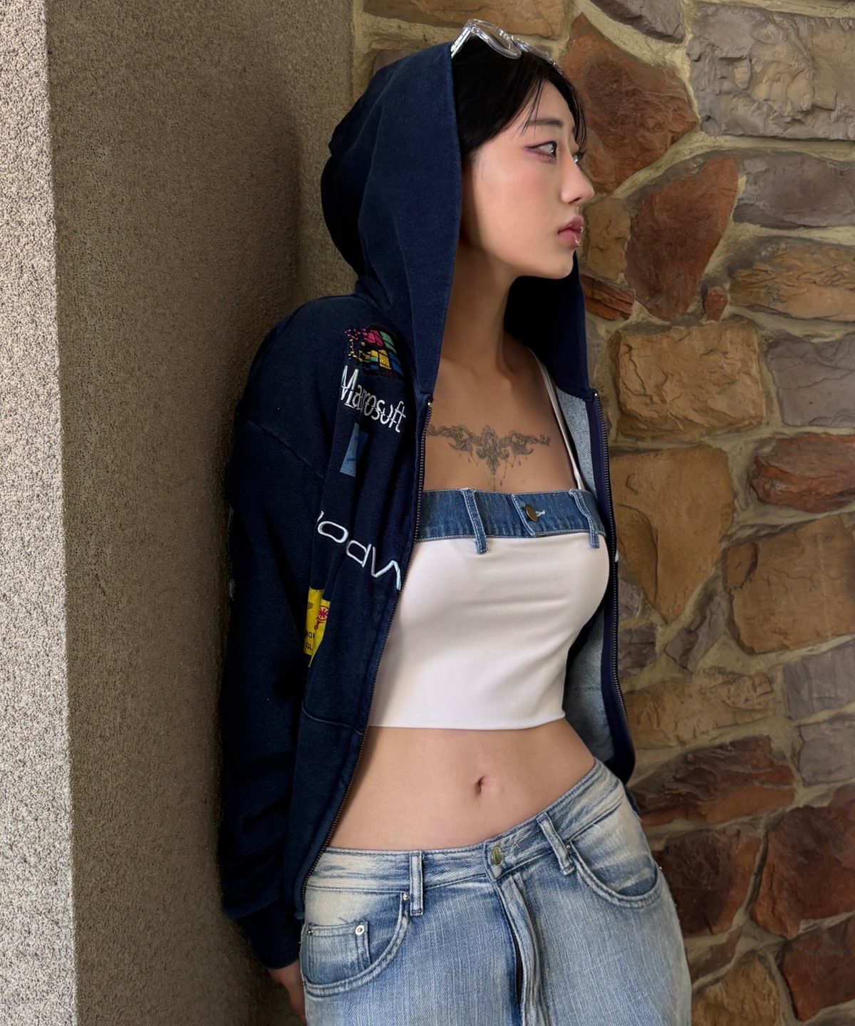 글랙(GLACK) GHD050 GLK 스폰서드 404 아플리케 레귤러핏 워시드 후드 집업 (NAVY)