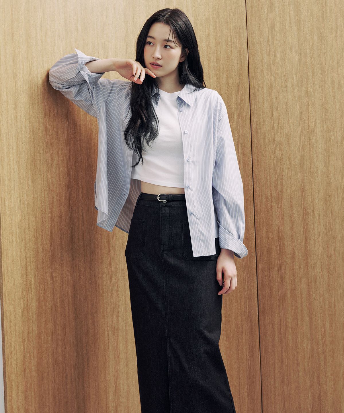 마인드브릿지 우먼(MIND BRIDGE WOMEN) [W]H라인 아웃포켓 블랙 데님 스커트