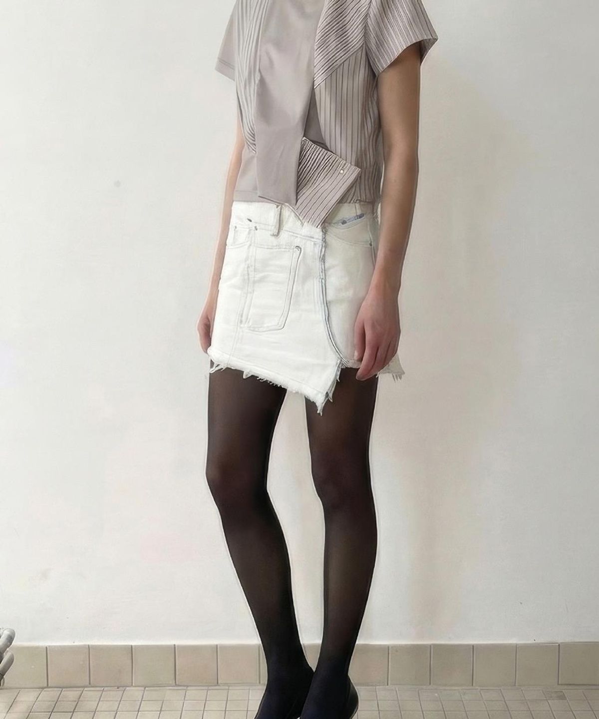 래코드(RECODE) Mixed Shirt Panel Top R0TAS26211GYX