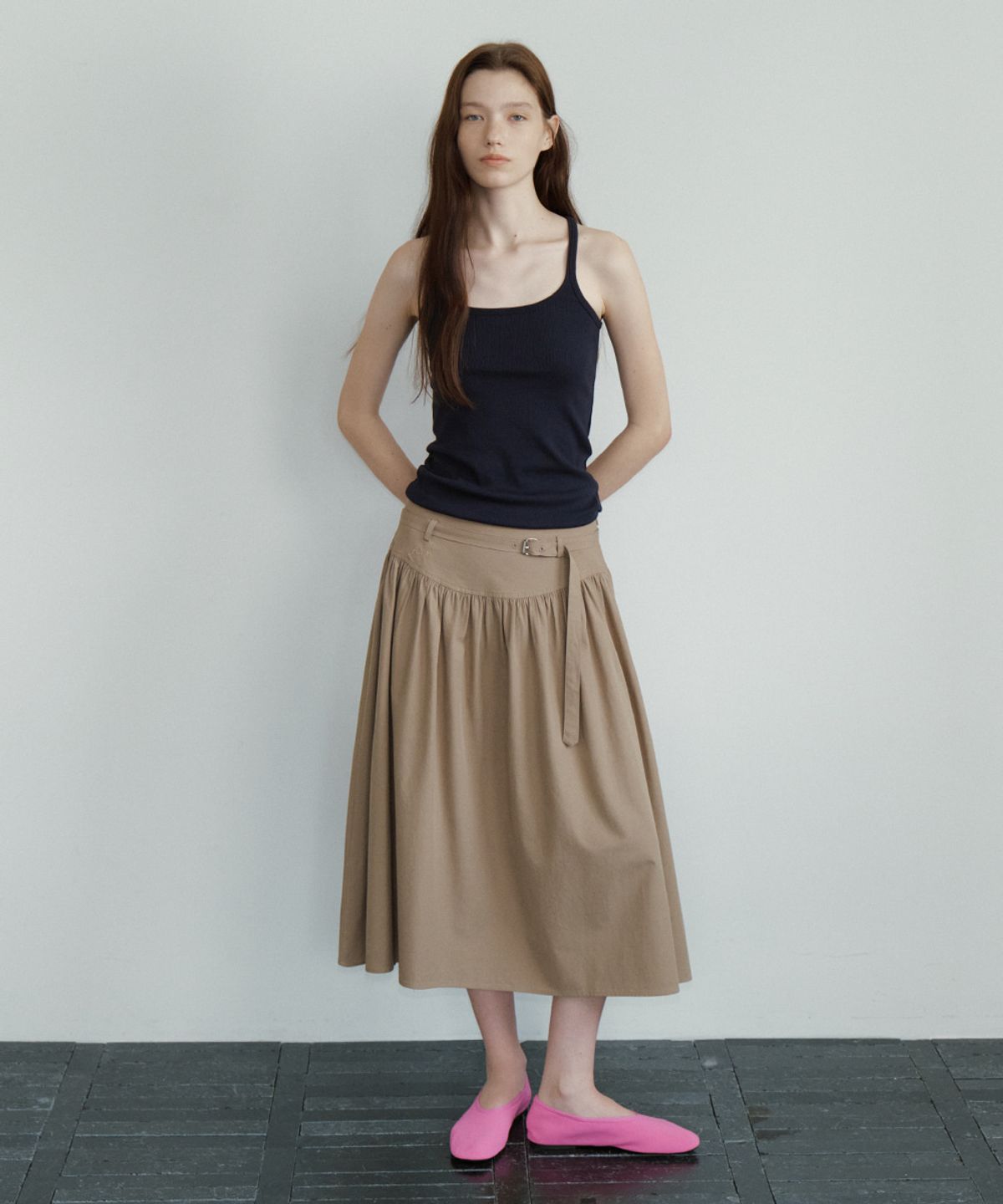프리버07(FRIVER07) Embroidery belted A-line skirt [FRFA05SK01]_Beige