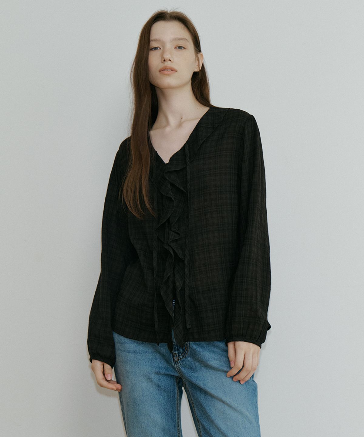 프리버07(FRIVER07) Ruffle shirring check blouse [FRFA05BL02]_Black