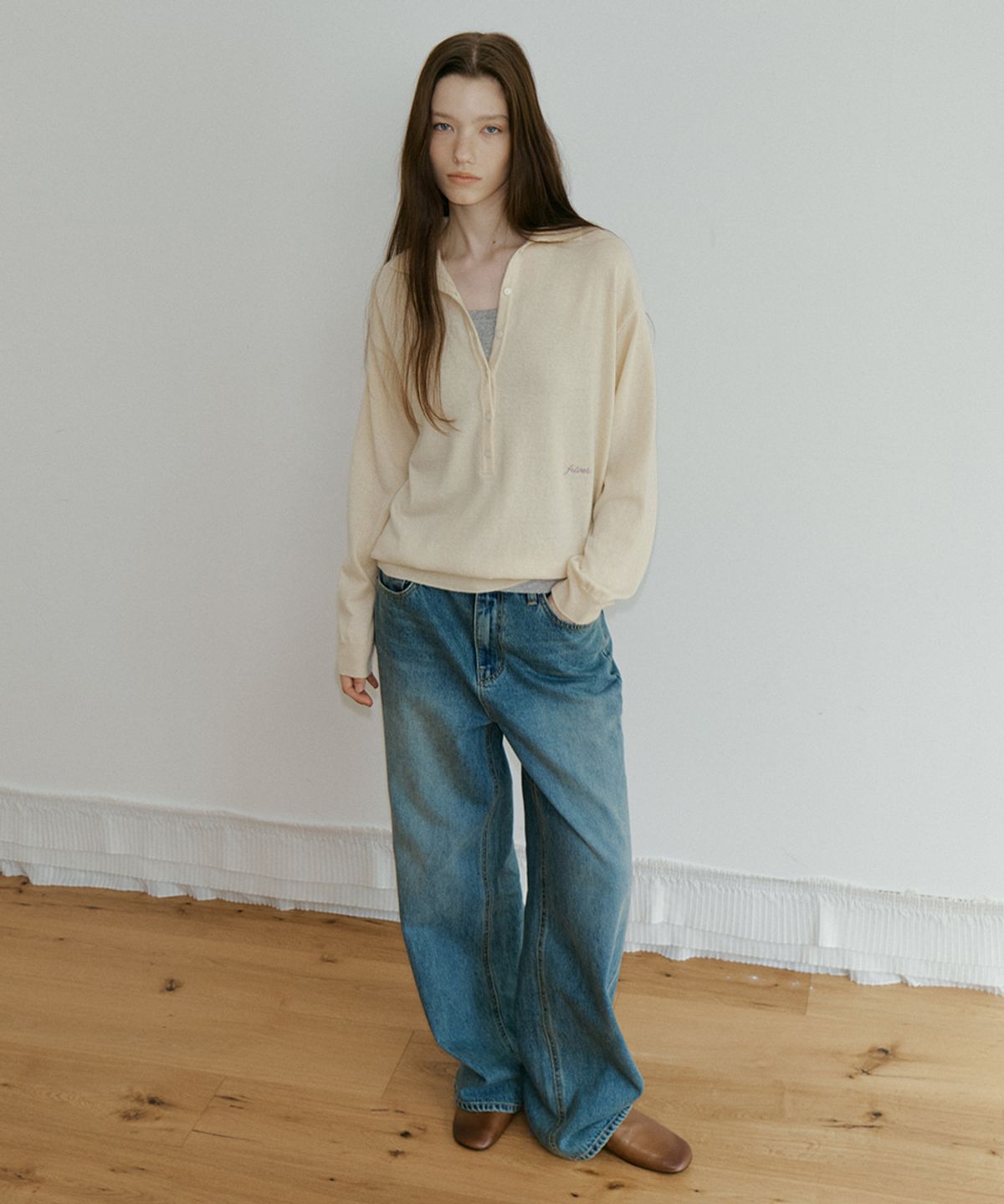 프리버07(FRIVER07) Button collar pk knit [FRFA05NT03]_Butter
