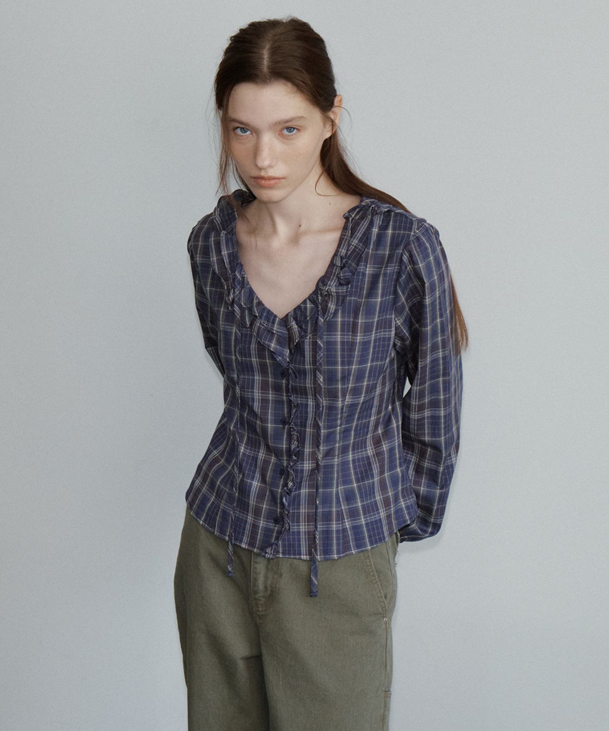 프리버07(FRIVER07) Check ruffle tie blouse [FRFA05BL05]_Navy