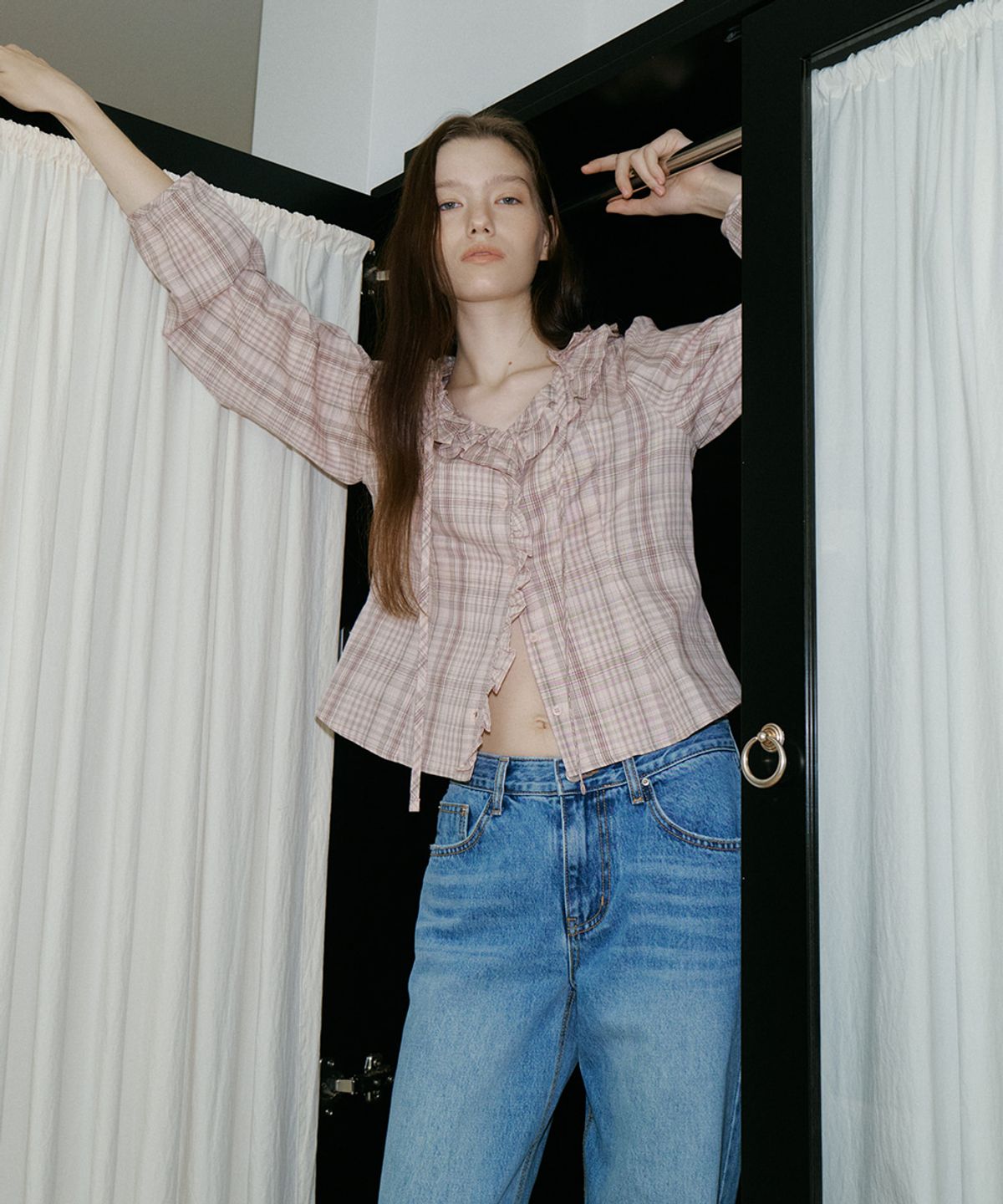 프리버07(FRIVER07) Check ruffle tie blouse [FRFA05BL04]_Pink