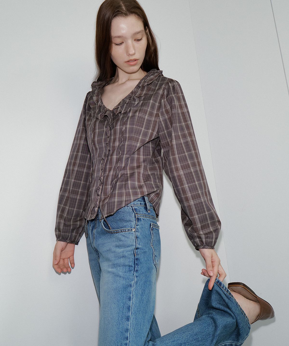 프리버07(FRIVER07) Check ruffle tie blouse [FRFA05BL03]_Charcoal