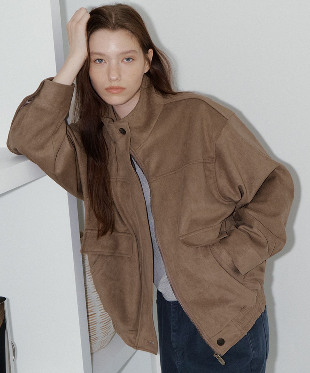 프리버07(FRIVER07) Suede high neck blouson jacket [FRFA05JK01]_Beige