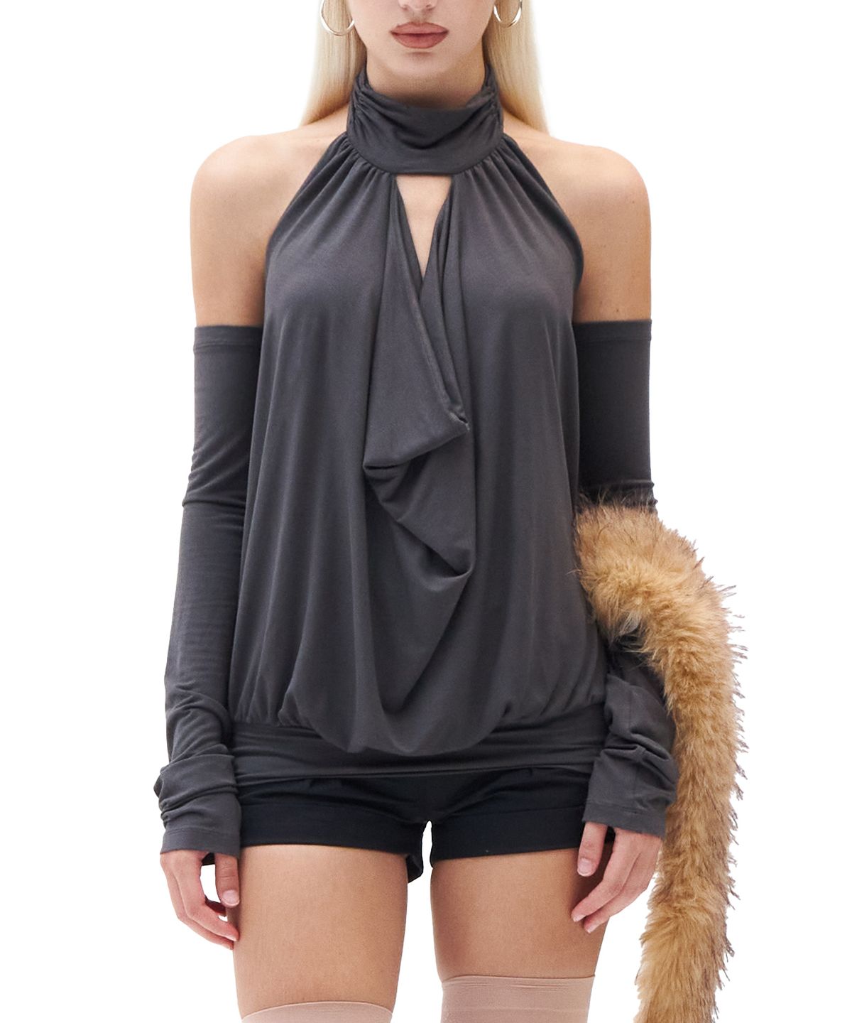 힐다(HILLDA) Draped Mock Neck Top [Charcoal]
