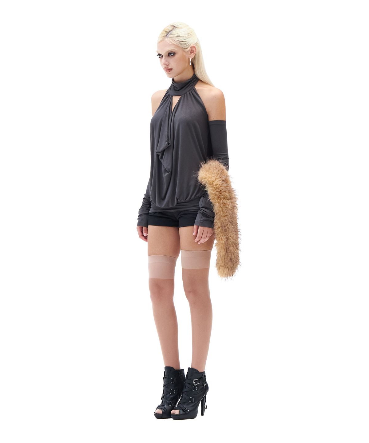 힐다(HILLDA) Draped Mock Neck Top [Charcoal]