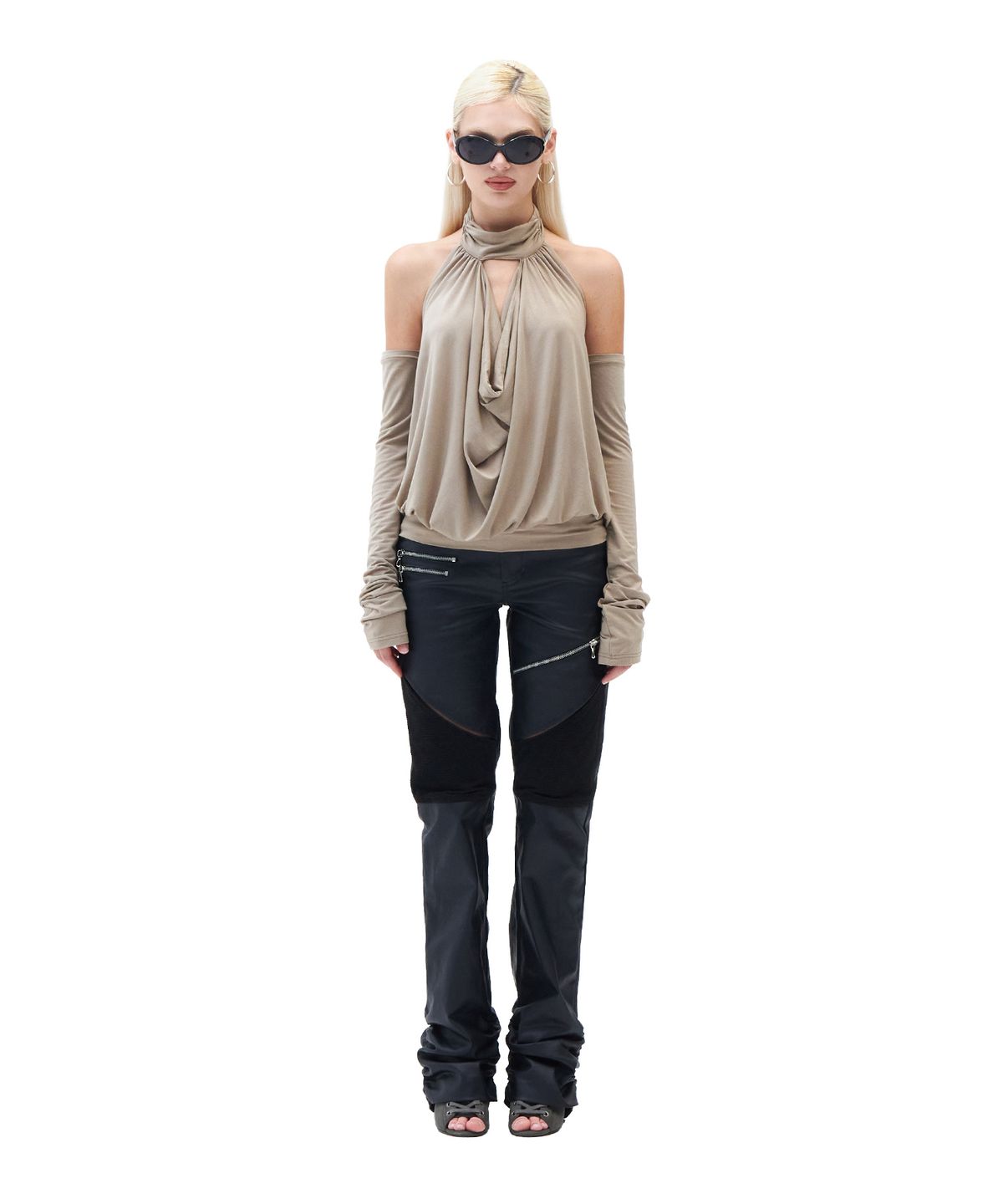 힐다(HILLDA) Draped Mock Neck Top [Taupe]