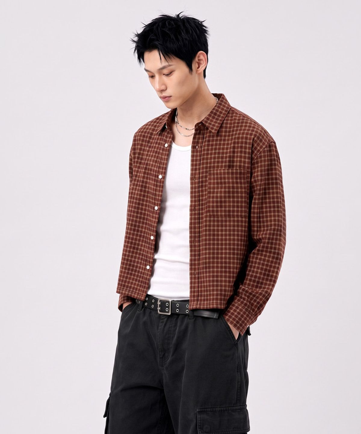 언더오프(UNDEROFF) 마이크로 체크 크롭 셔츠 레드