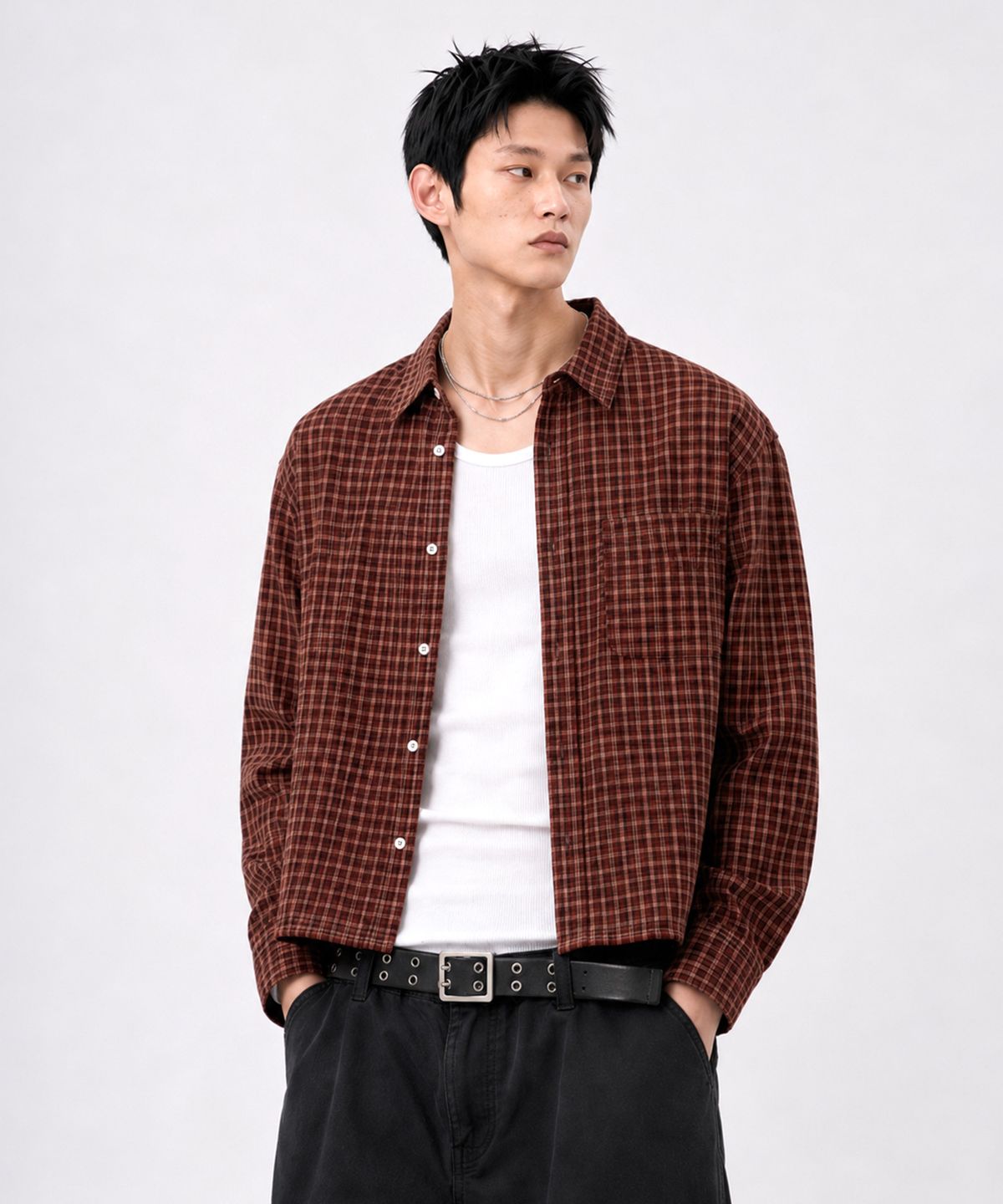 언더오프(UNDEROFF) 마이크로 체크 크롭 셔츠 레드