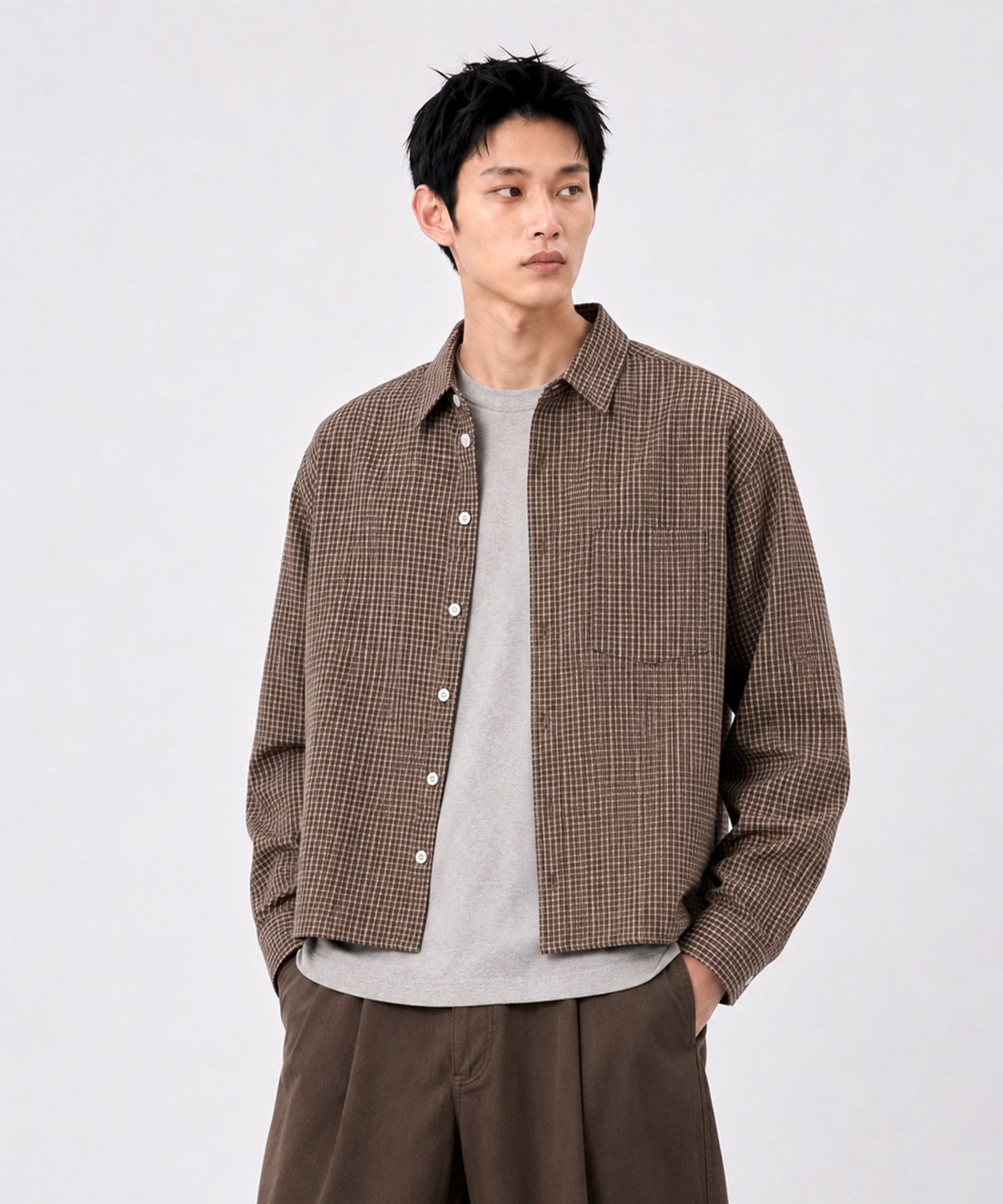 언더오프(UNDEROFF) 마이크로 체크 크롭 셔츠 브라운