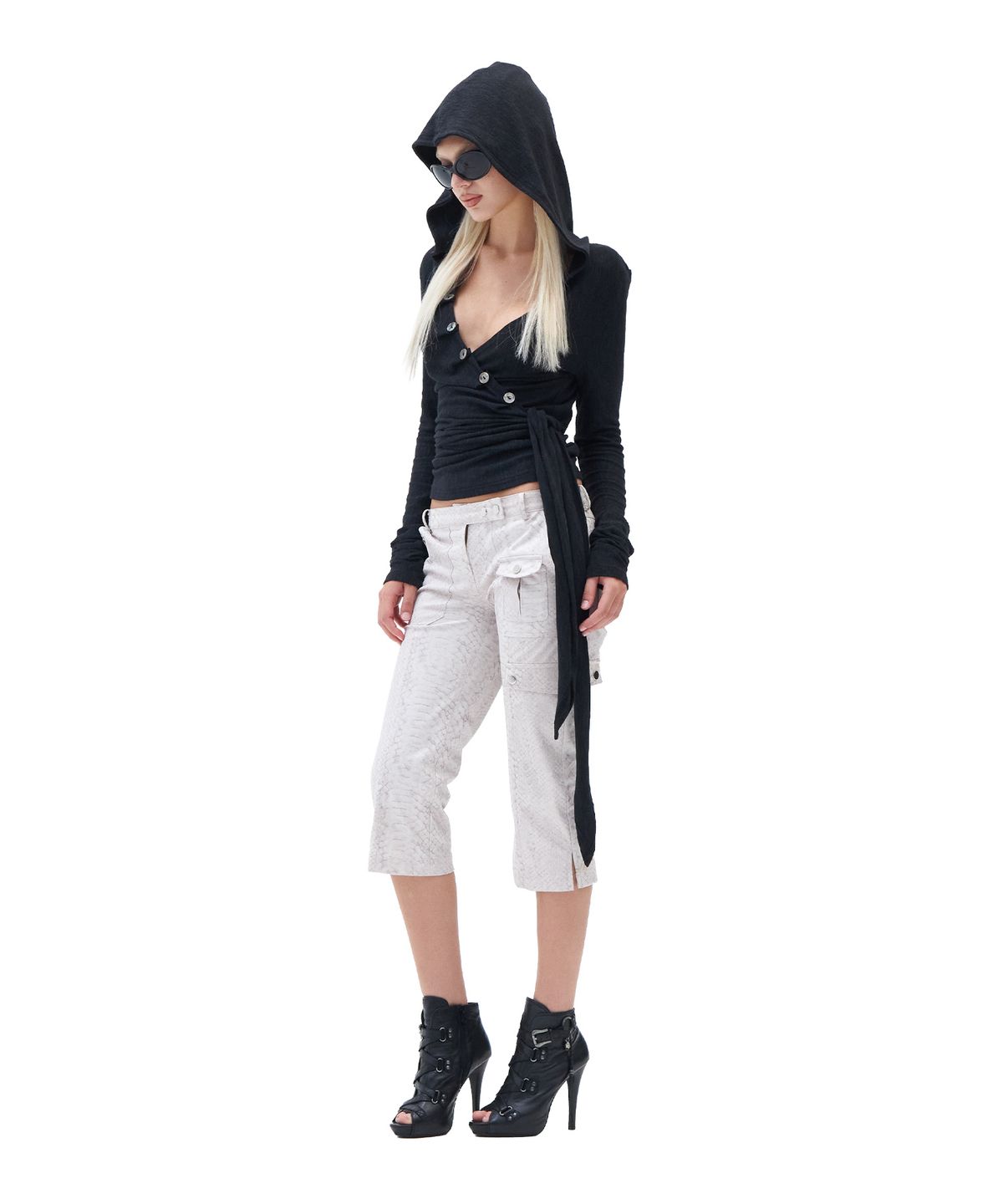 힐다(HILLDA) Layered Wrap Hood Top [Black]