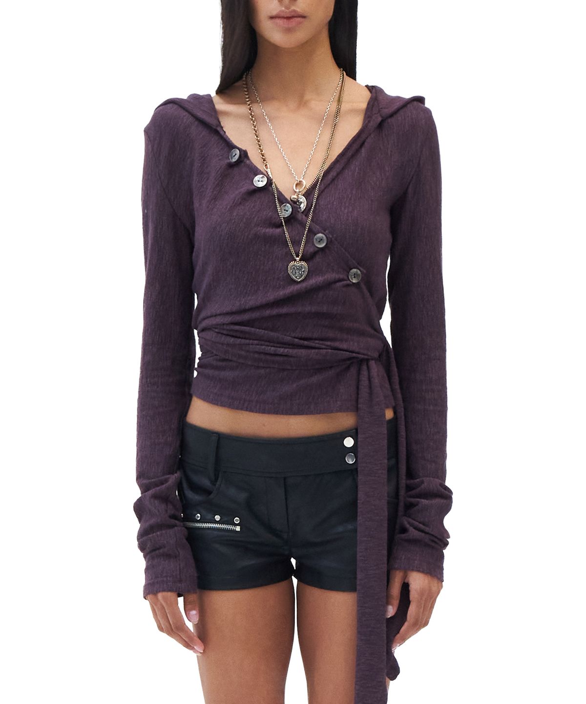 힐다(HILLDA) Layered Wrap Hood Top [Purple]