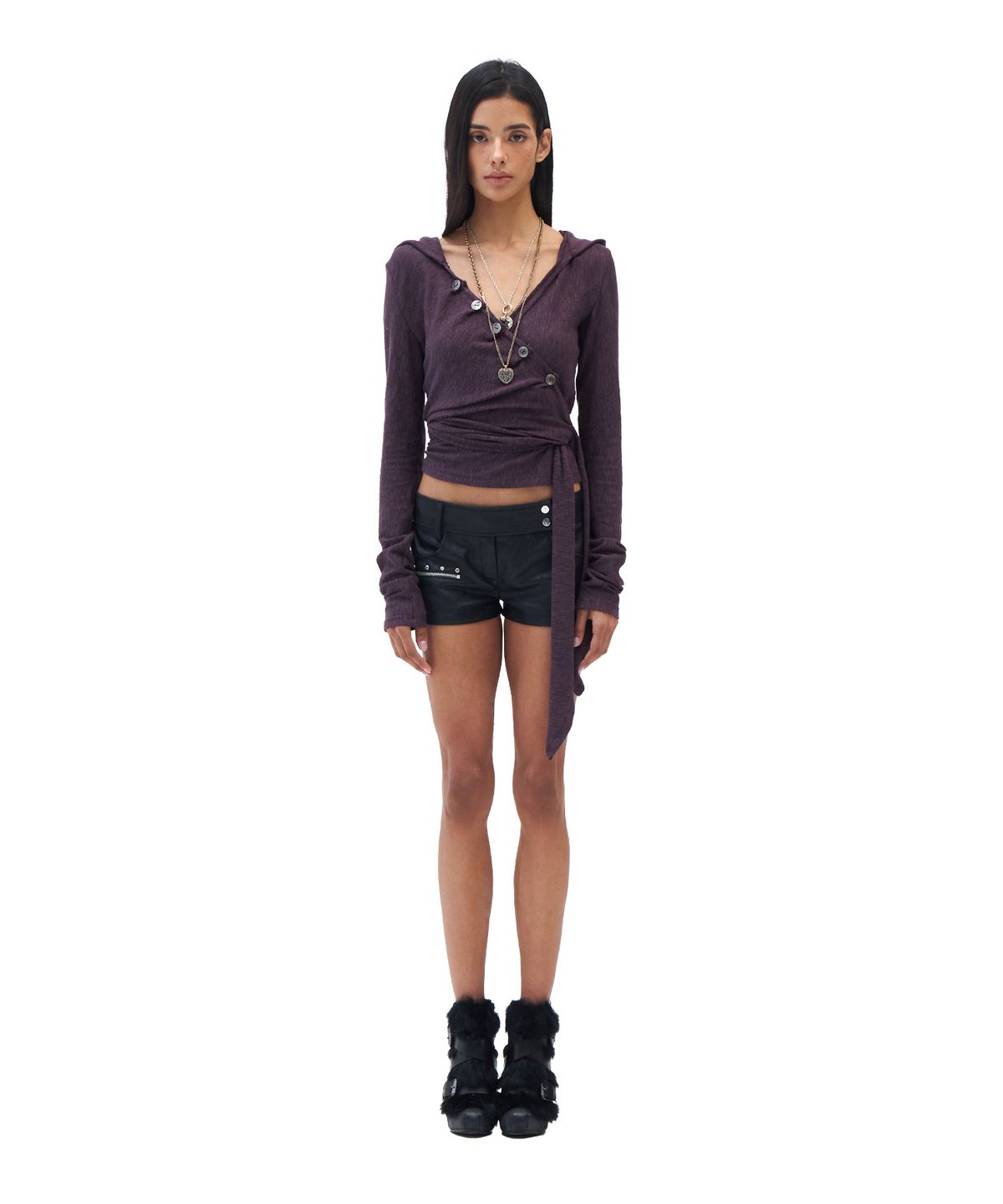 힐다(HILLDA) Layered Wrap Hood Top [Purple]