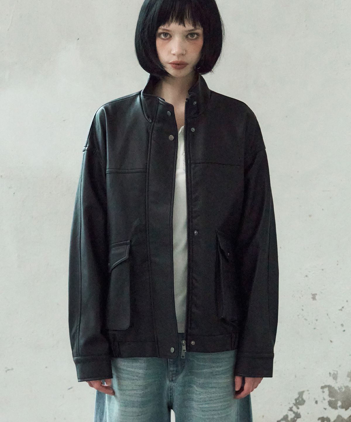 레더리(LEATHERY) 하이넥 레더 블루종 자켓 [BLACK]
