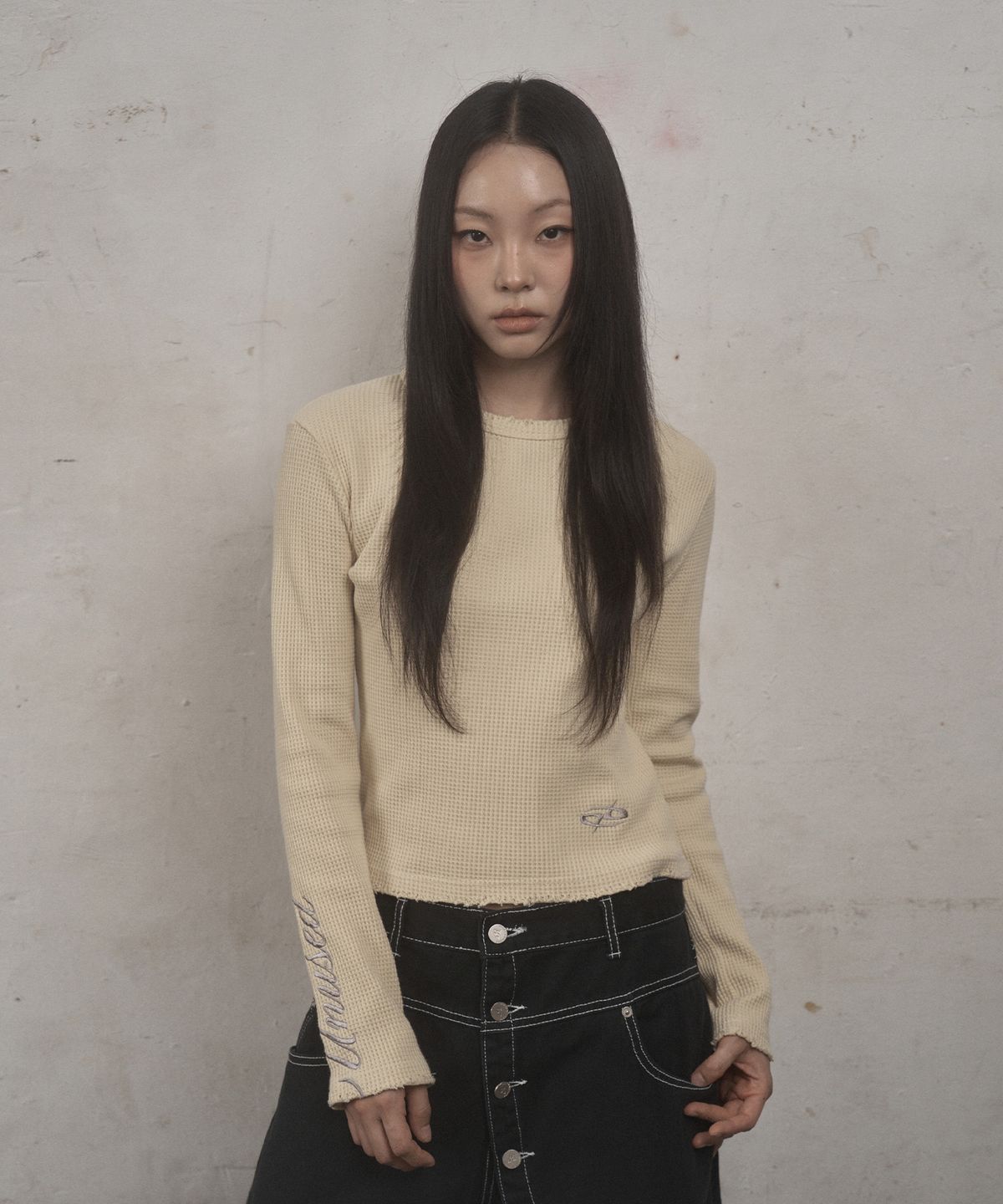 언유즈랩(UNUSEDLAB) 우먼즈 와플 슬림 롱슬리브 [옐로우]