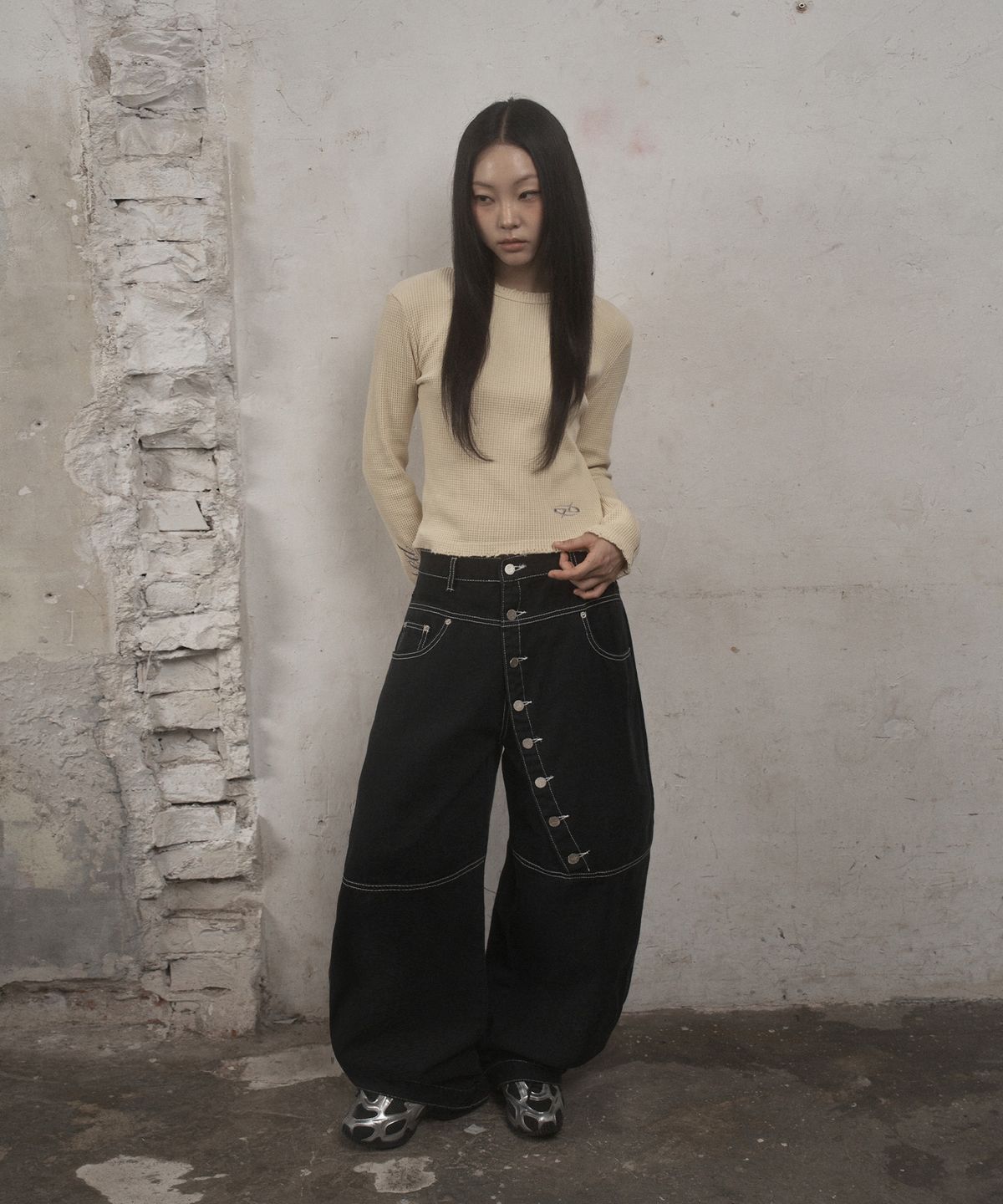 언유즈랩(UNUSEDLAB) 우먼즈 와플 슬림 롱슬리브 [옐로우]