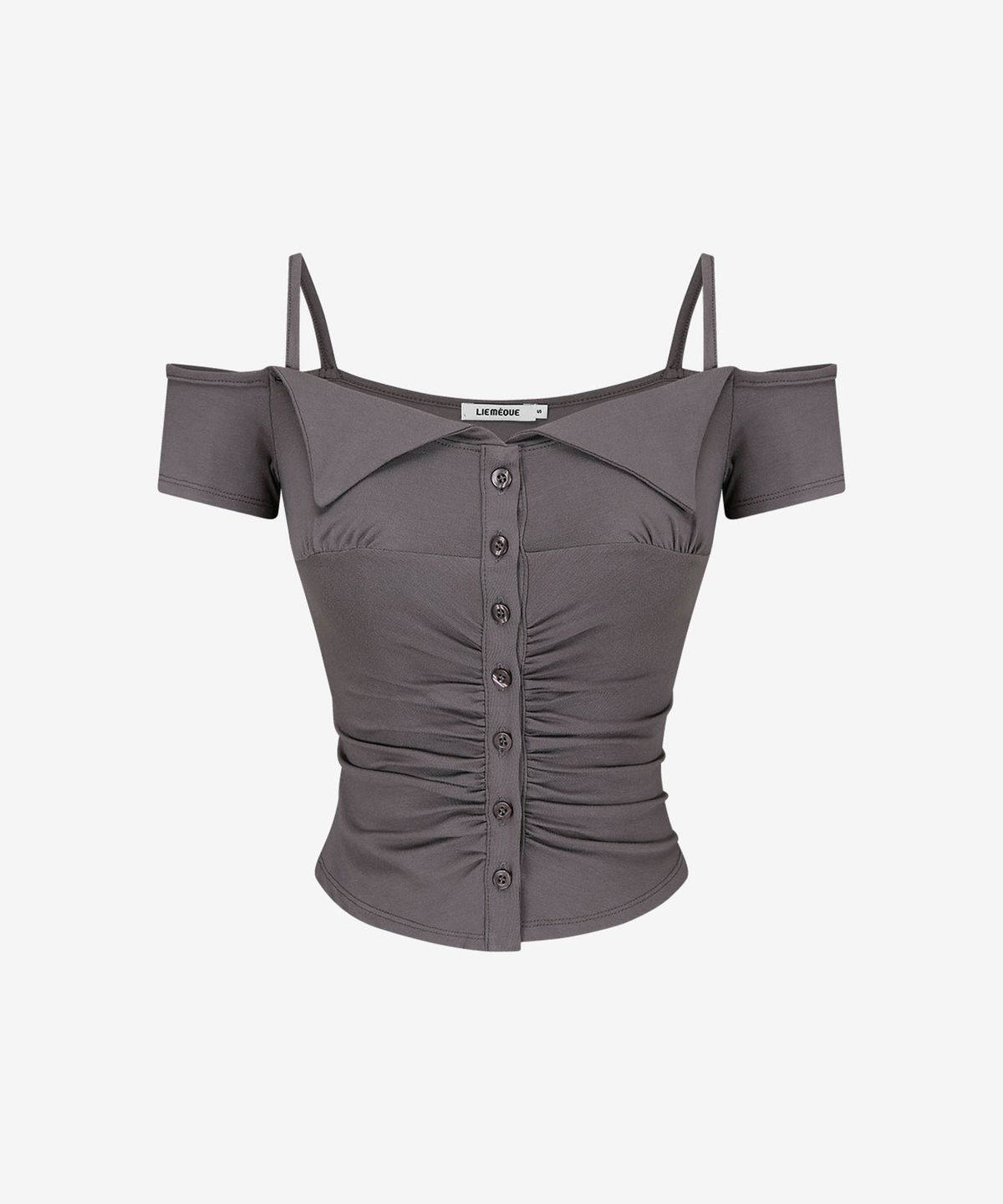 리메크(LIEMÉQUE) 폴드 카라 버튼 오프숄더 티셔츠 차콜