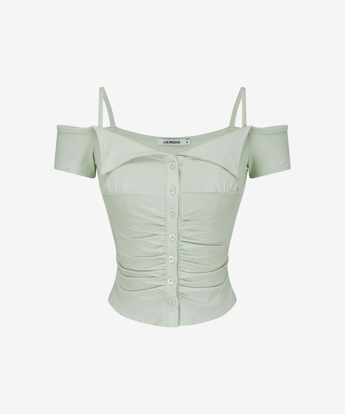 리메크(LIEMÉQUE) 폴드 카라 버튼 오프숄더 티셔츠 그린