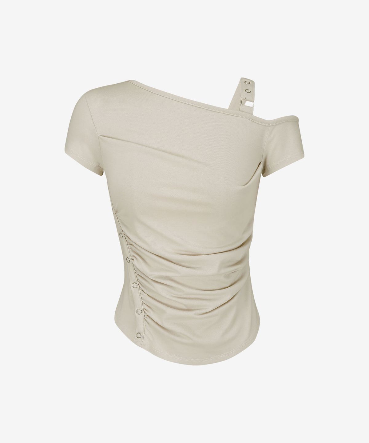 리메크(LIEMÉQUE) 스냅 커브 언발 셔링 티셔츠 베이지