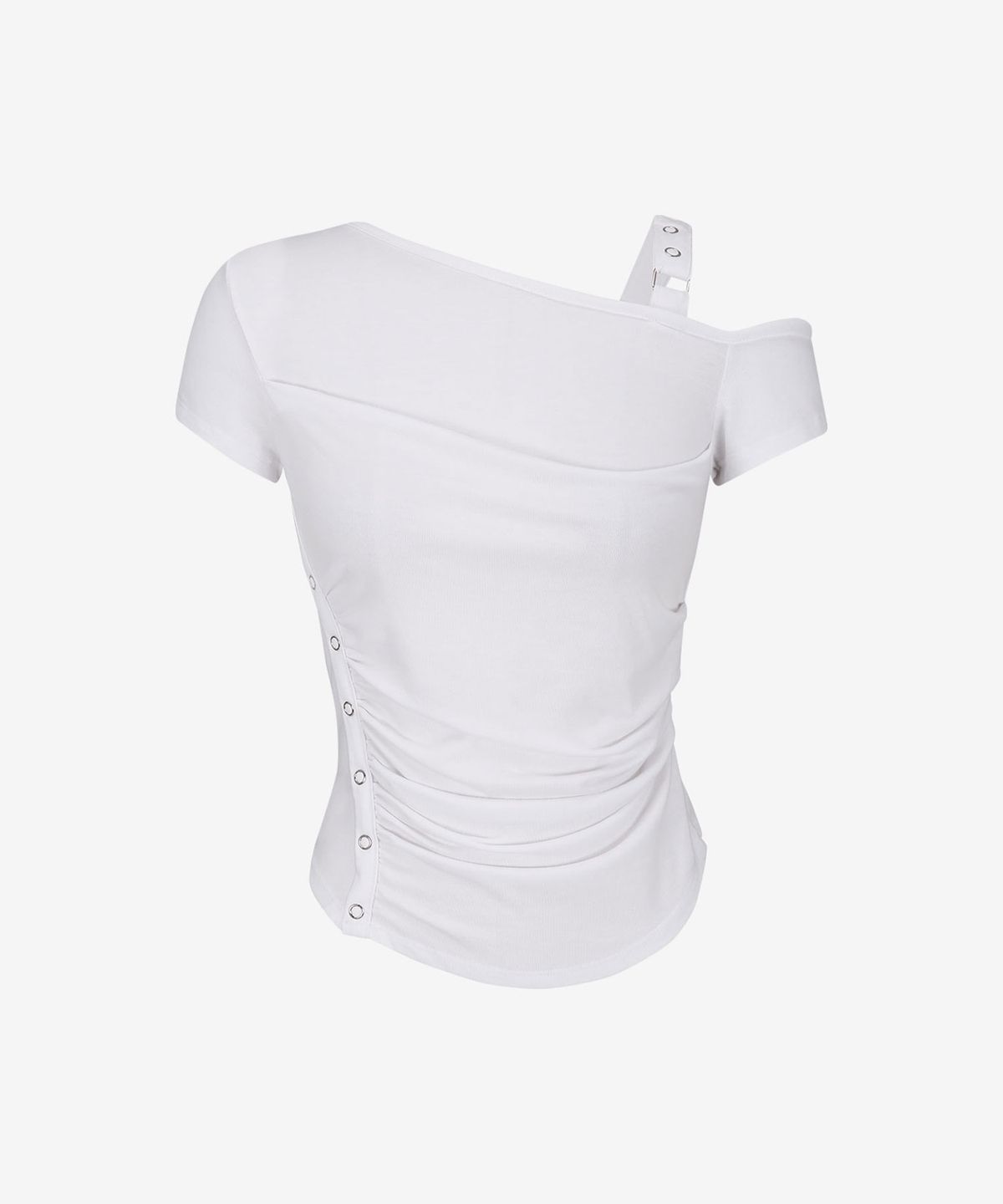 리메크(LIEMÉQUE) 스냅 커브 언발 셔링 티셔츠 화이트