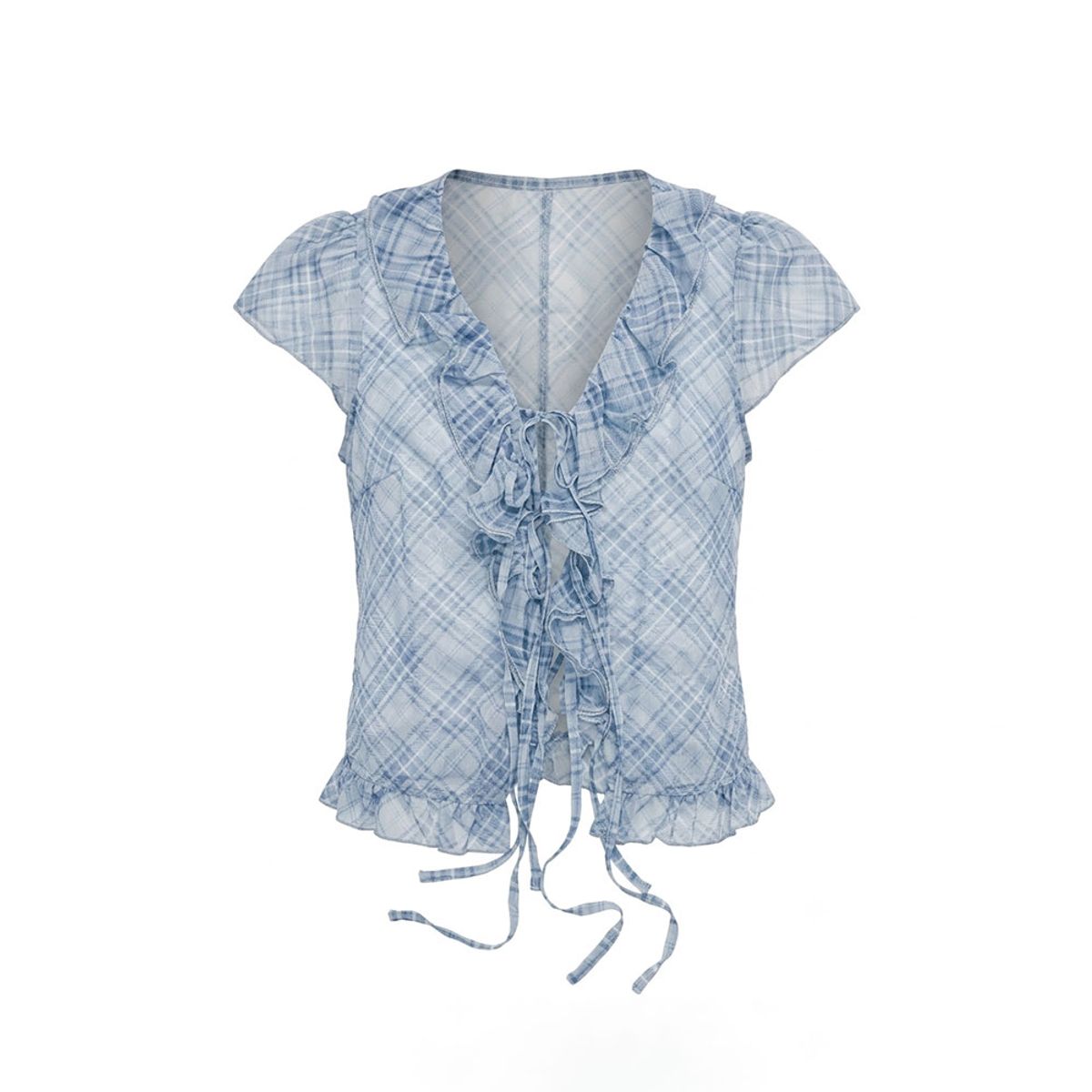 던드롭(DUNDROP) DD_Sheer plaid ruffle blouse and skirt set