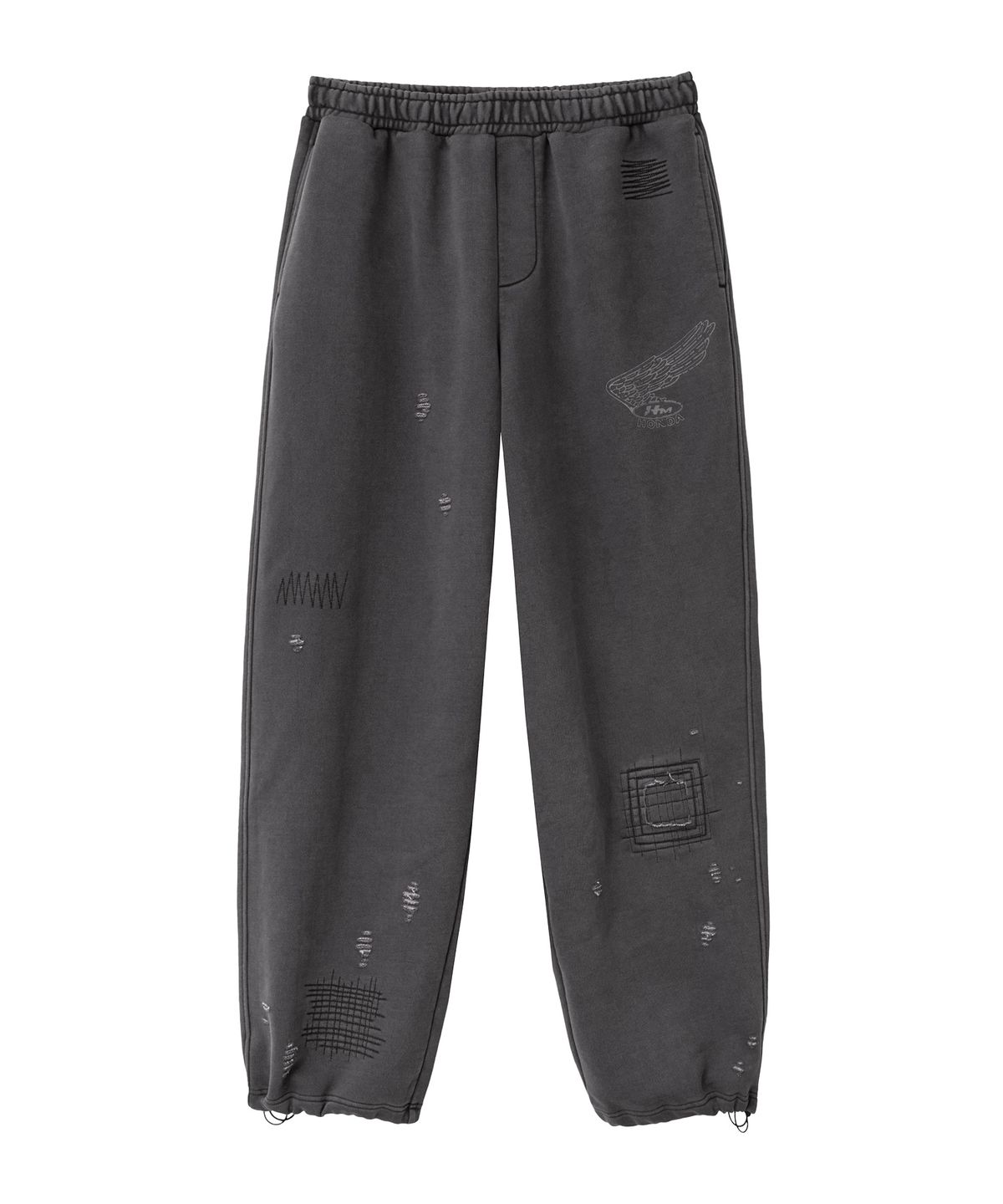 핍스 모터사이클(PHYPS MOTORCYCLE) Pigment Damage Patchwork Sweat Pants Charcoal