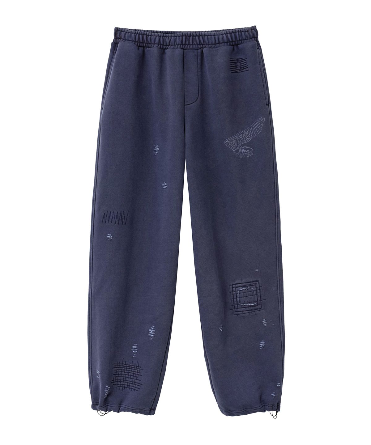 핍스 모터사이클(PHYPS MOTORCYCLE) Pigment Damage Patchwork Sweat Pants Navy