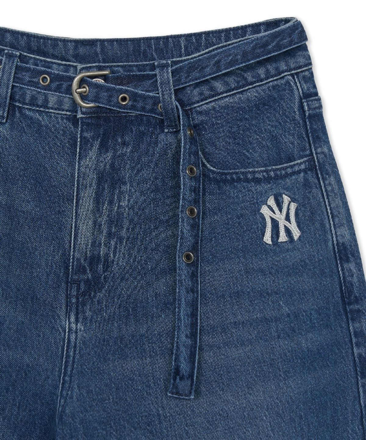 엠엘비(MLB) 여성 베이직 스몰로고 벨티드 벌룬 와이드 데님팬츠 NY (Indigo)