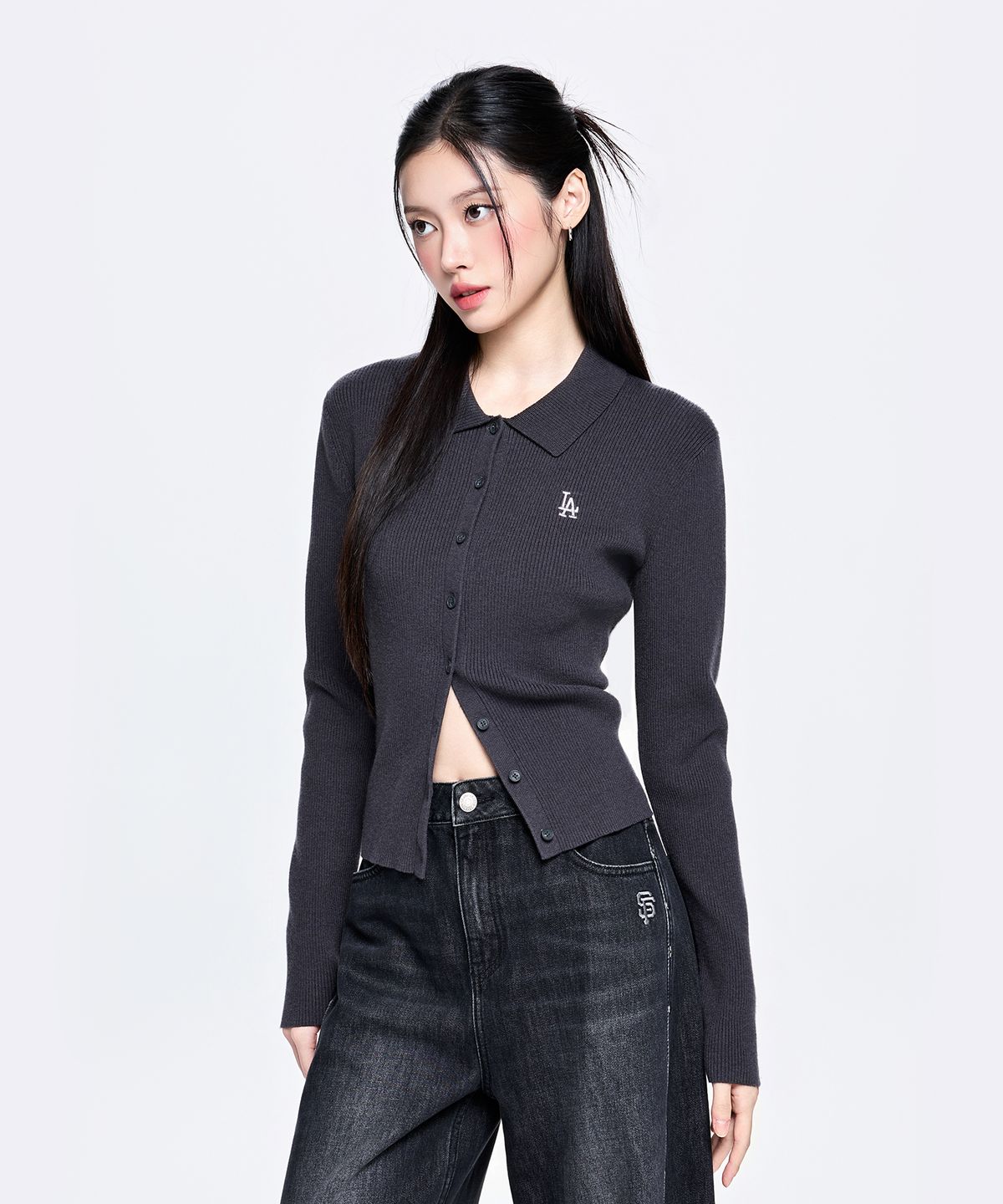 엠엘비(MLB) 여성 베이직 립 버튼 카라 가디건 LA (D.Charcoal Grey)
