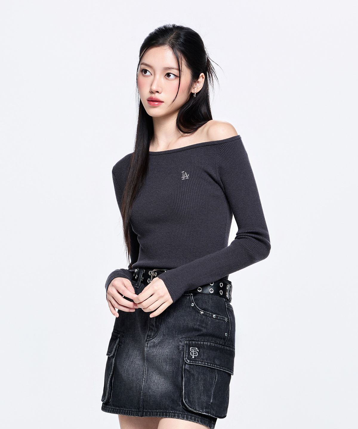 엠엘비(MLB) 여성 베이직 립 오프숄더 스웨터 풀오버 LA (D.Charcoal Grey)