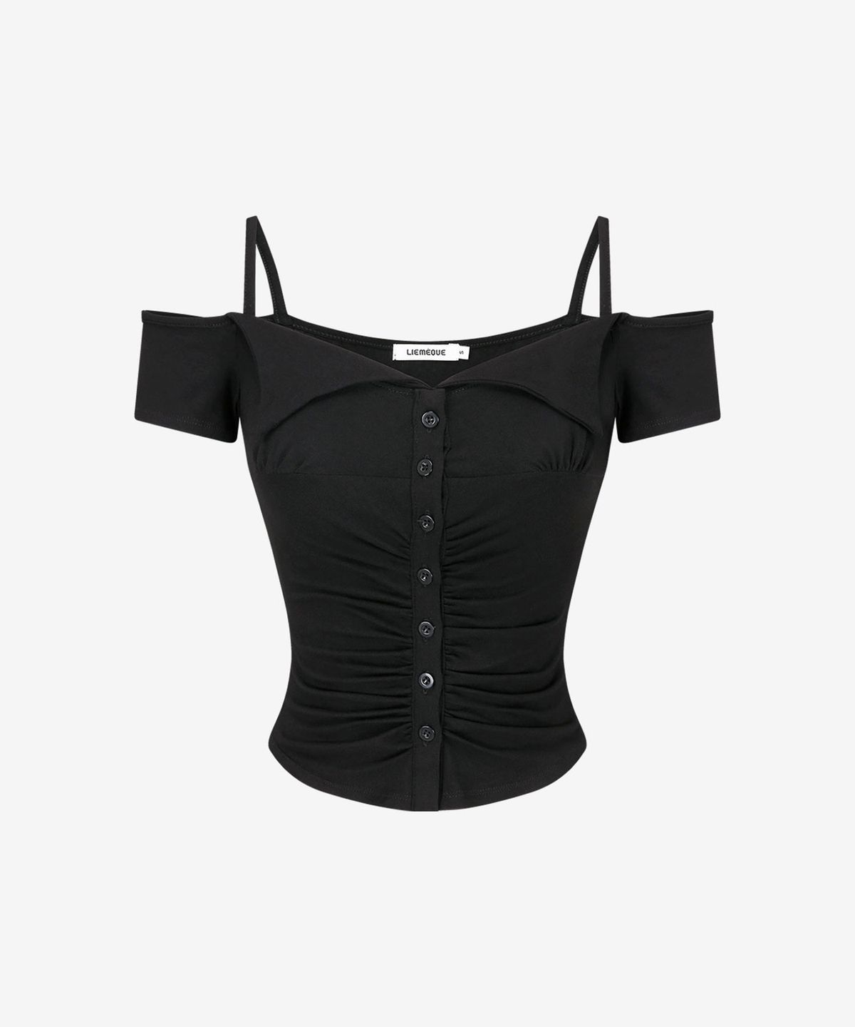 리메크(LIEMÉQUE) 폴드 카라 버튼 오프숄더 티셔츠 블랙