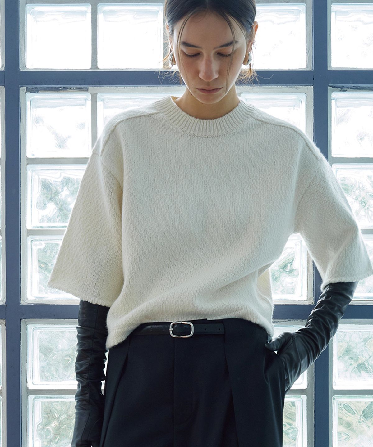 우마뭉(UMARMUNG) Italian wool cotton half sleeve cropped pullover_Ivory
