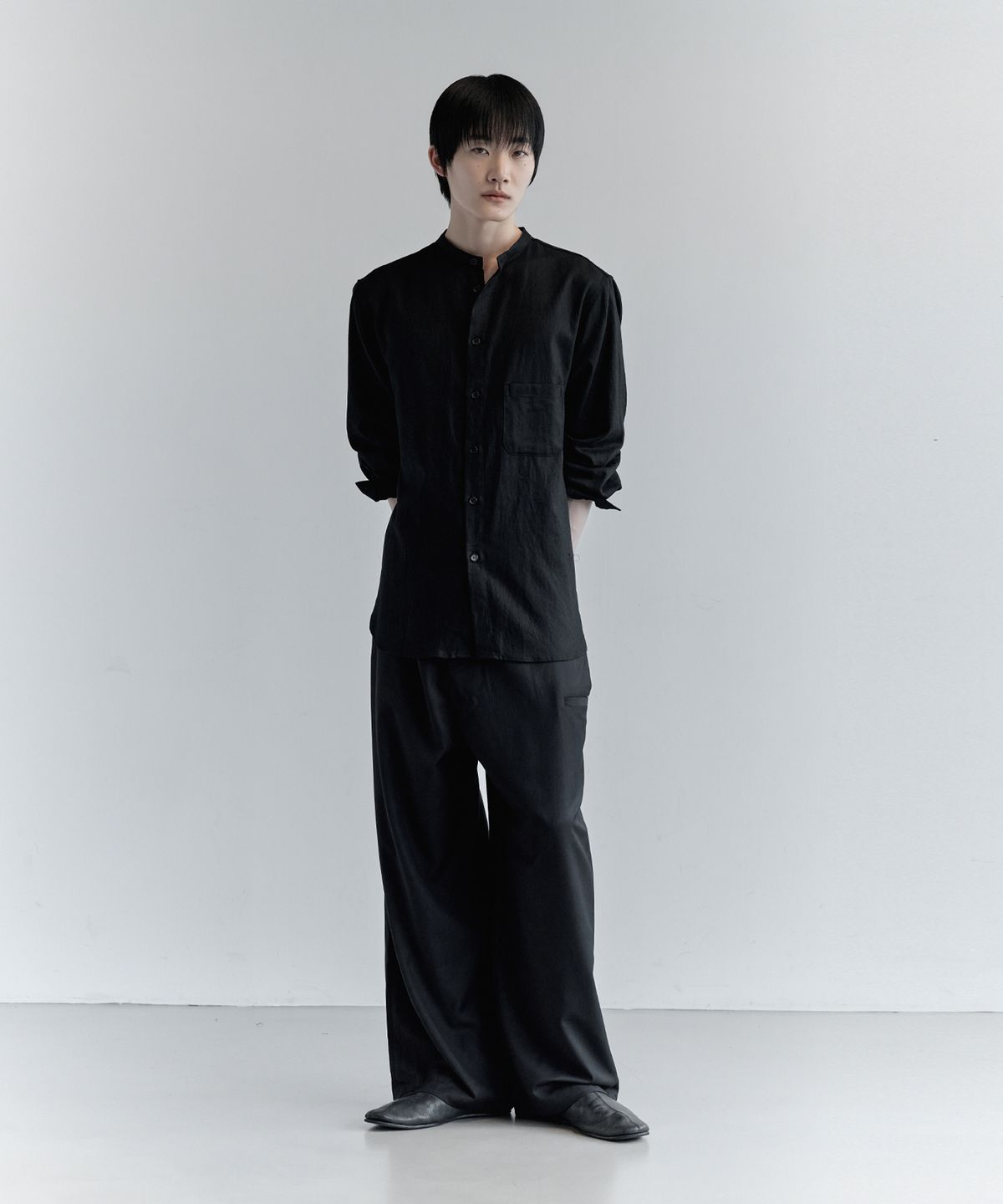키류(KIRYU) LINEN BAND COLLAR SHIRT (BLACK)