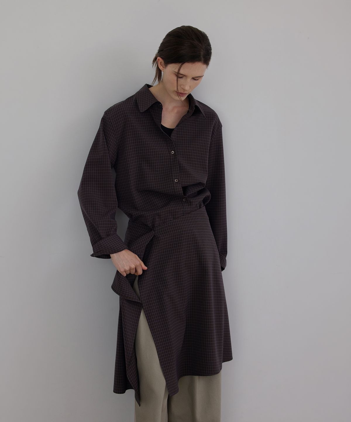 퀸스래빗(Q'SRB) Check Asymmetric Layered Wrap Shirt Set-up