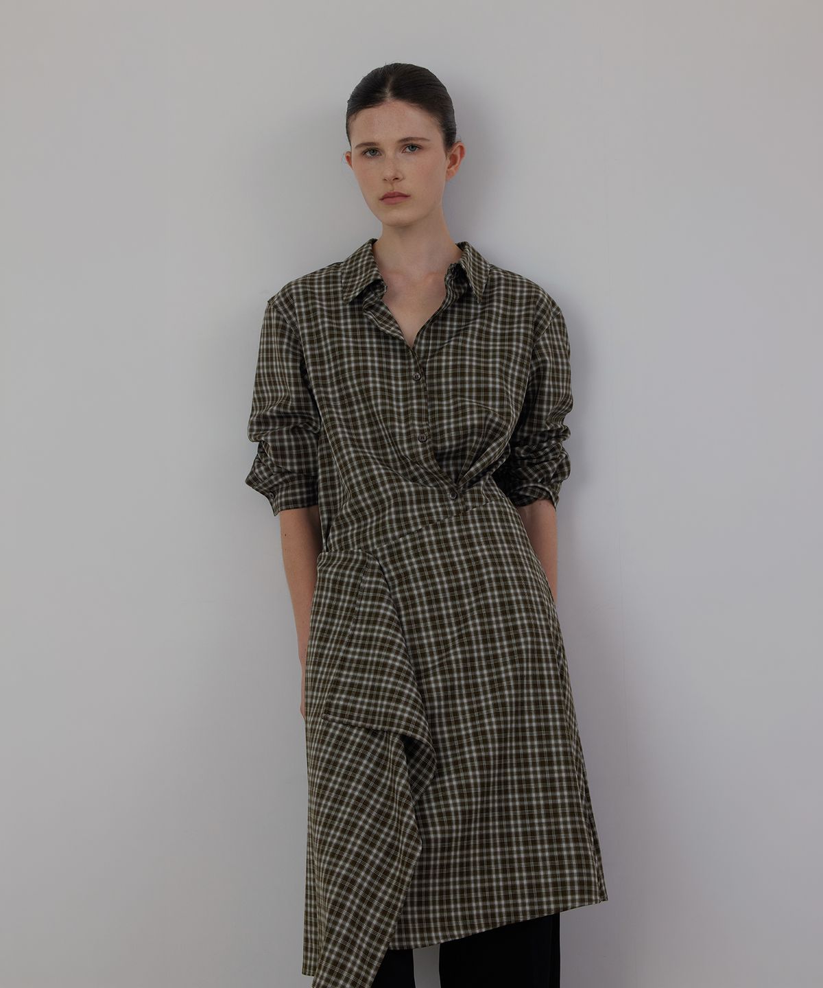 퀸스래빗(Q'SRB) Check Asymmetric Layered Wrap Shirt Set-up