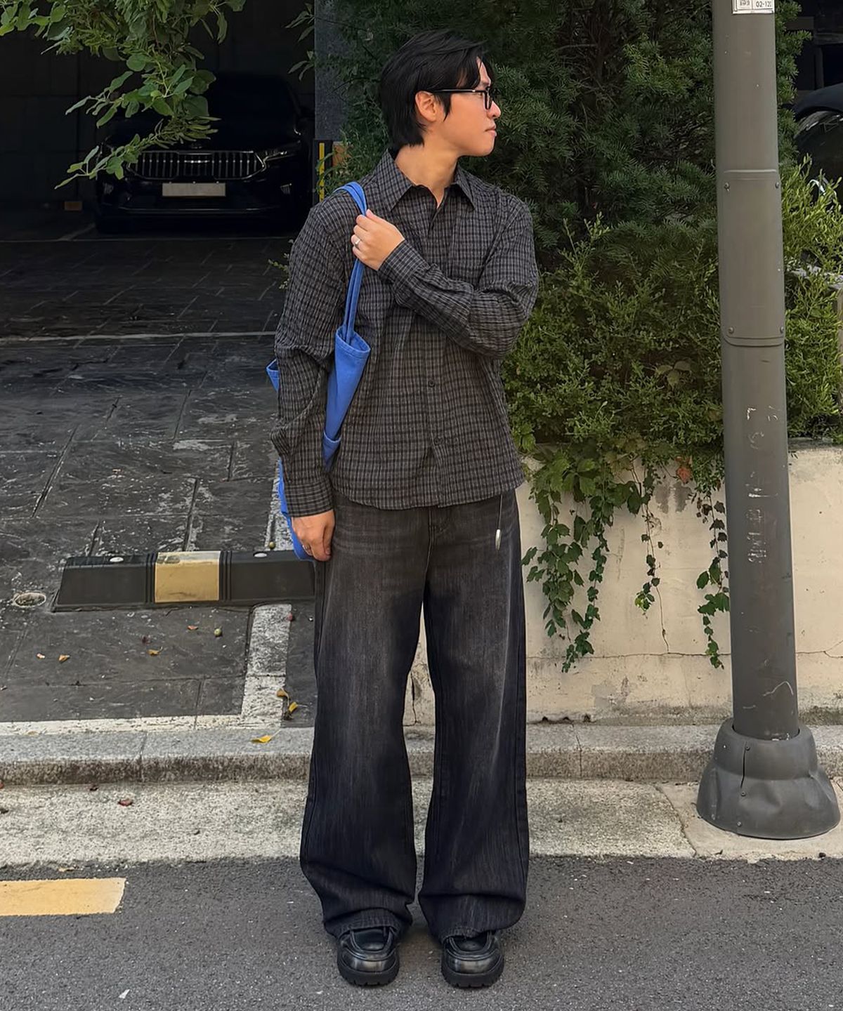 인템포무드(INTEMPOMOOD) 하이랜드 크링클 체크 셔츠_블랙