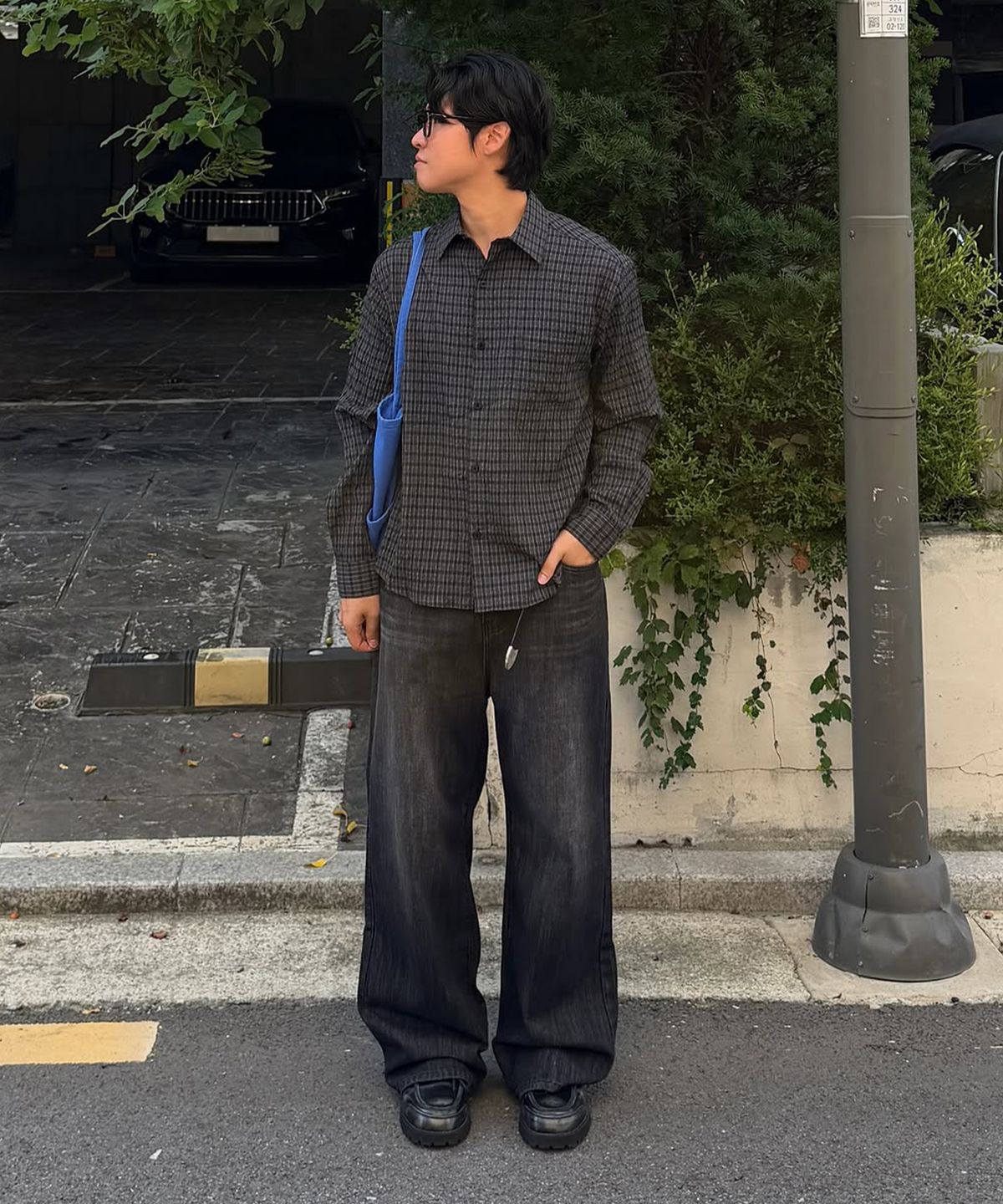 인템포무드(INTEMPOMOOD) 하이랜드 크링클 체크 셔츠_블랙