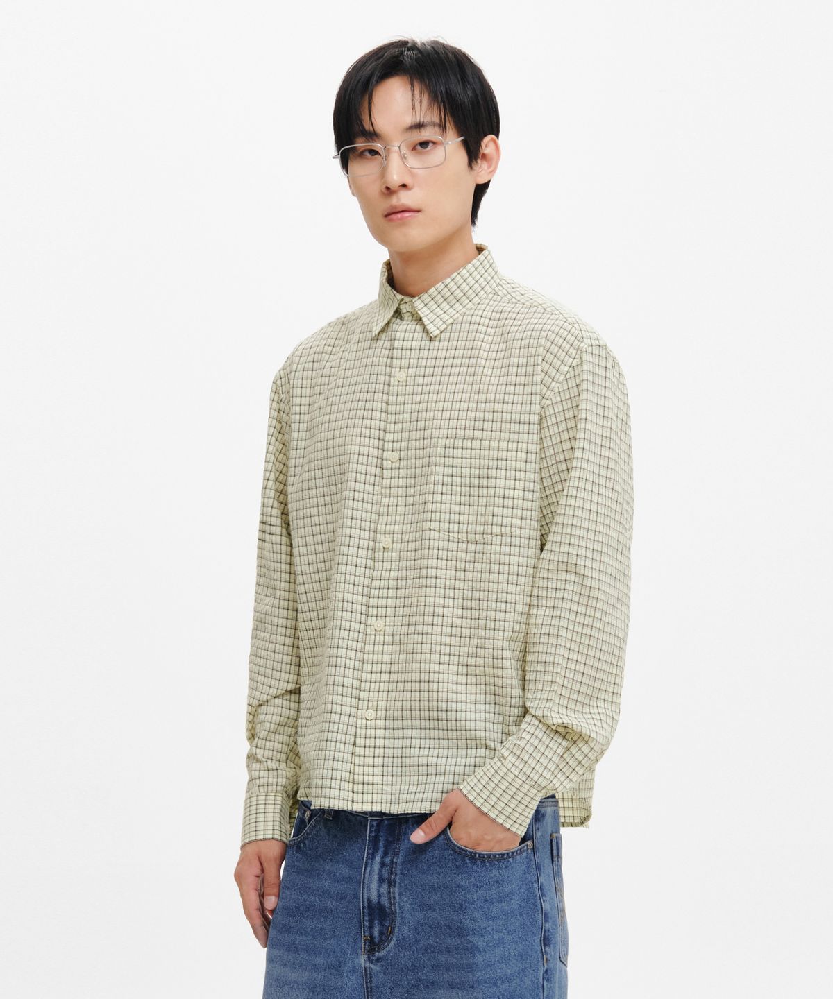 인템포무드(INTEMPOMOOD) 폴리오 체크 크롭 셔츠_페일옐로우