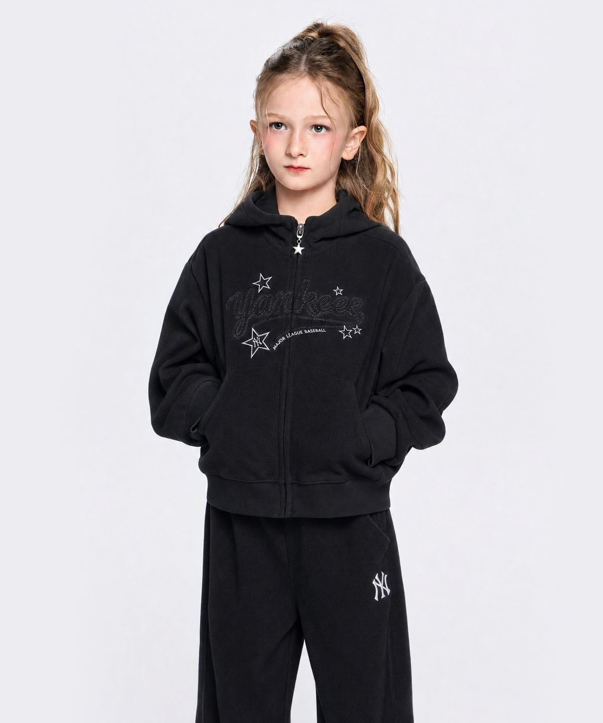 엠엘비 키즈(MLB KIDS) 스트릿 걸즈 후드집업 와이드팬츠 세트 NY (Black)