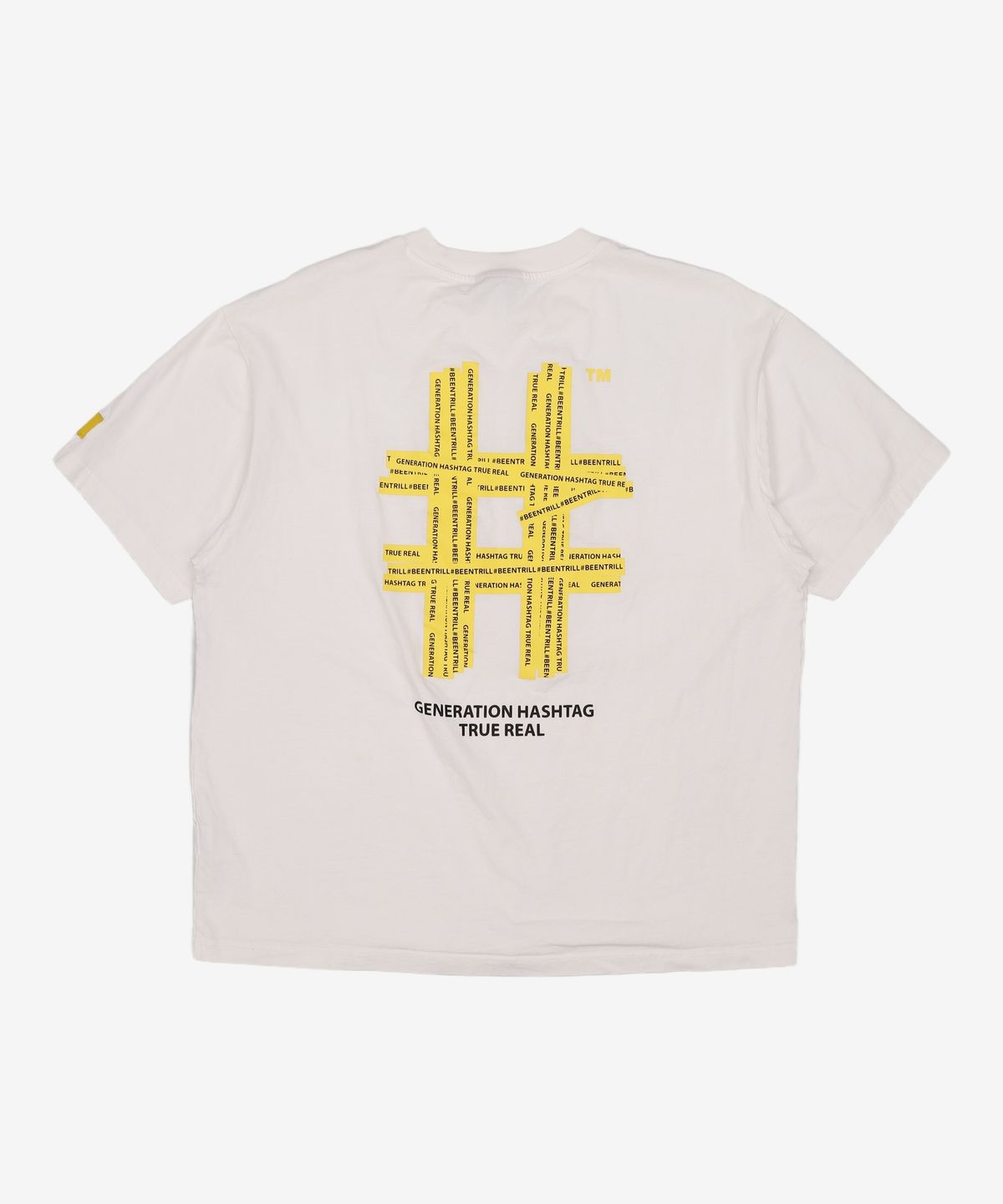 빈트릴(BEENTRILL) 테이핑 해시태그 오버핏 반팔 티셔츠(오프 화이트) XXL