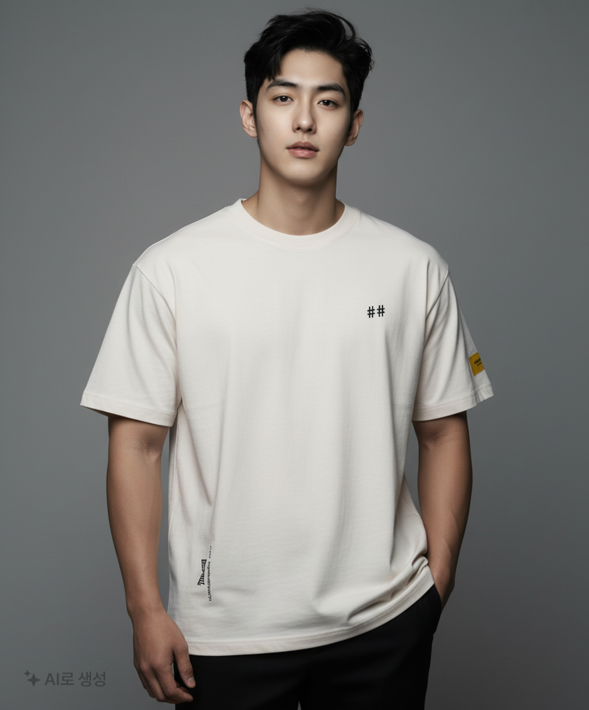빈트릴(BEENTRILL) 테이핑 해시태그 오버핏 반팔 티셔츠(오프 화이트) XXL