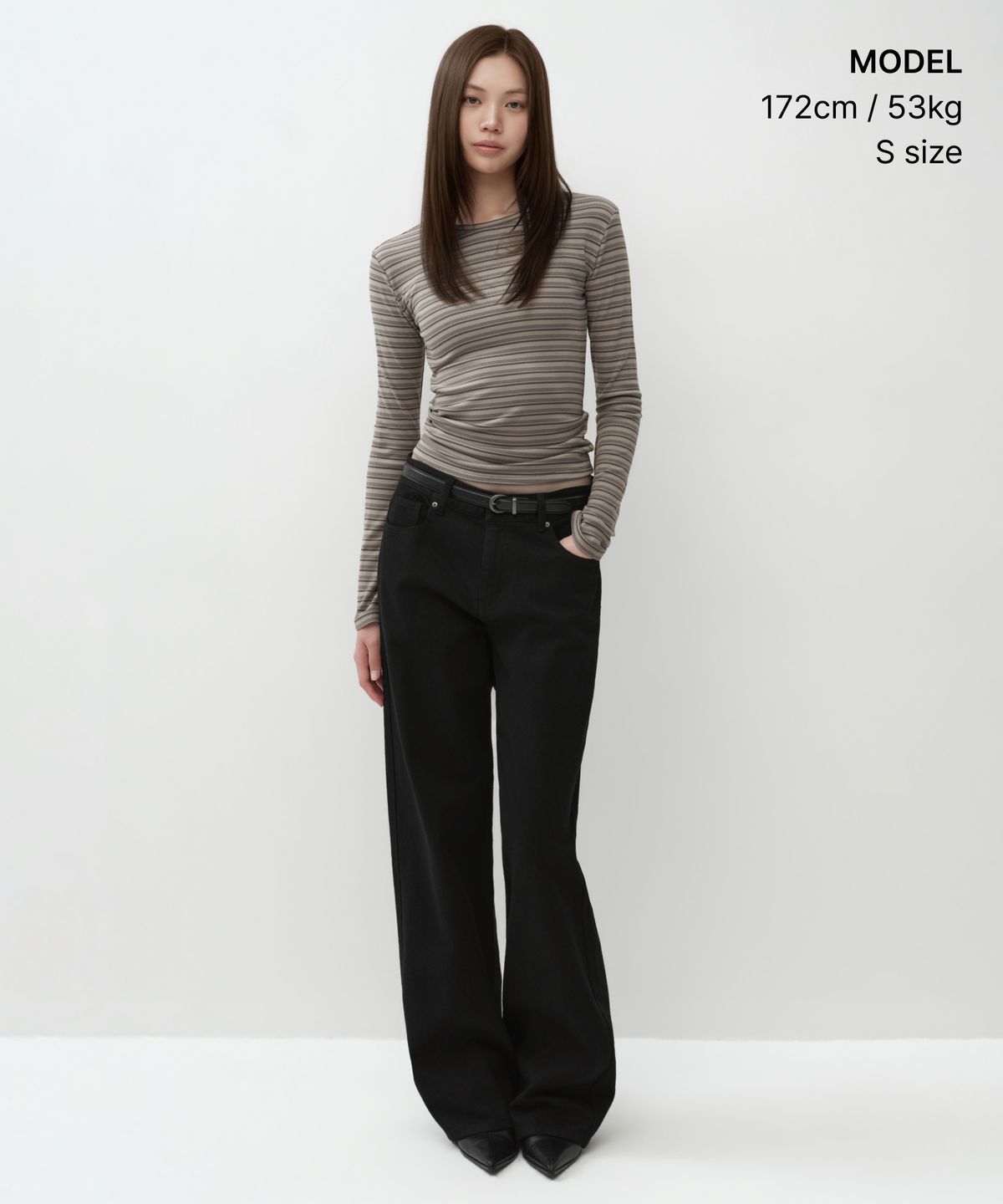 무신사 스탠다드 우먼(MUSINSA STANDARD WOMAN) 우먼즈 웜 브러쉬드 스트라이프 슬림 긴소매 티셔츠 [그레이쉬 베이지]